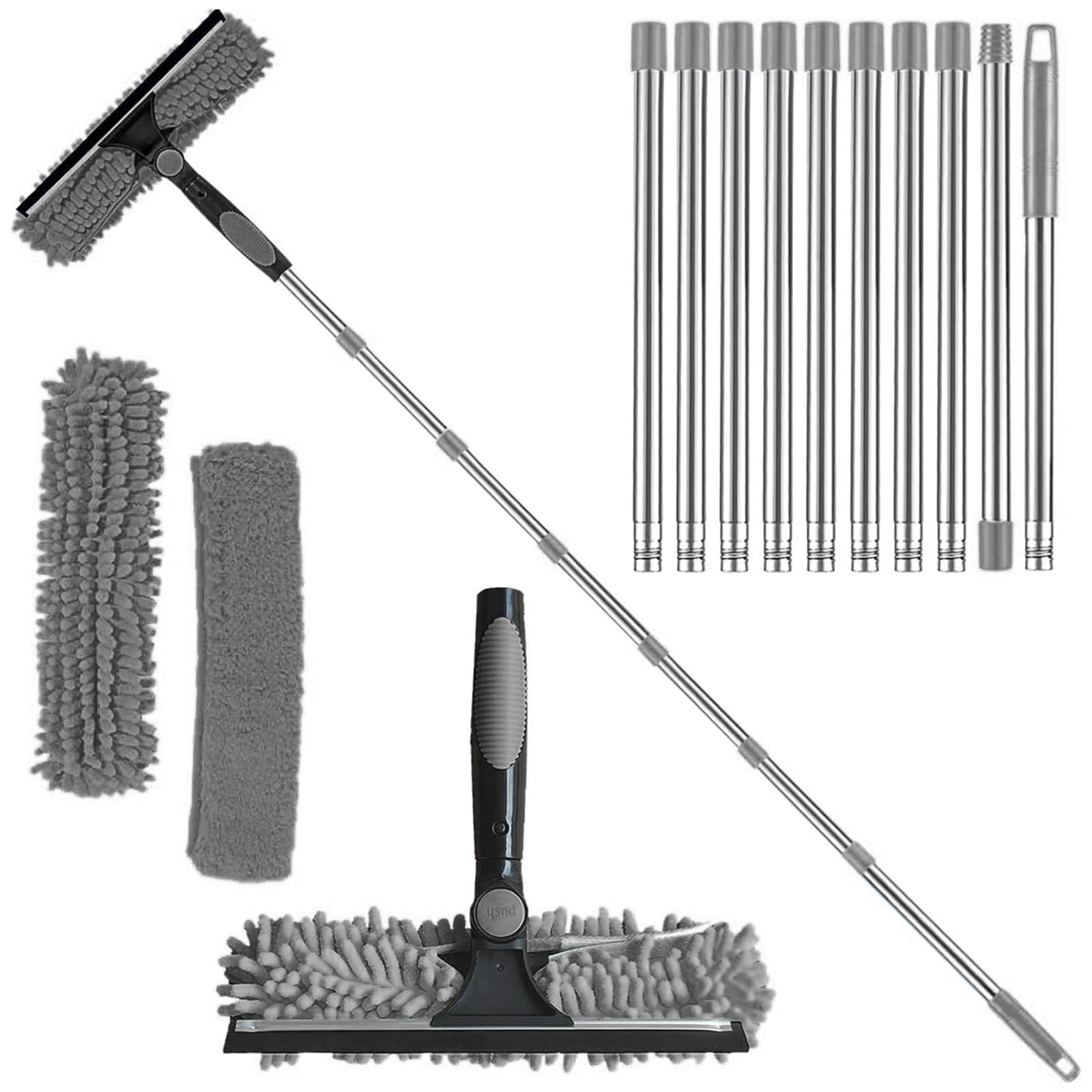 4.5M Window Squeegee Cleaner Tool Kit with Long Handle, 2 in 1 Extendable Window Cleaning Kit with Squeegee and Microfiber Cloth for Indoor/Outdoor High Window, Wall and Car (Gray)