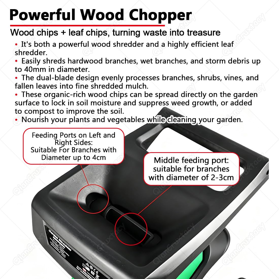 Biotrituradora Electrico De Ramas Green | Trituradora de Madera Eléctrica 2400W con 4500RPM, Reducción de Volumen 20:1, Bolsa de 50L, Diámetro de Corte 40mm, Ruedas