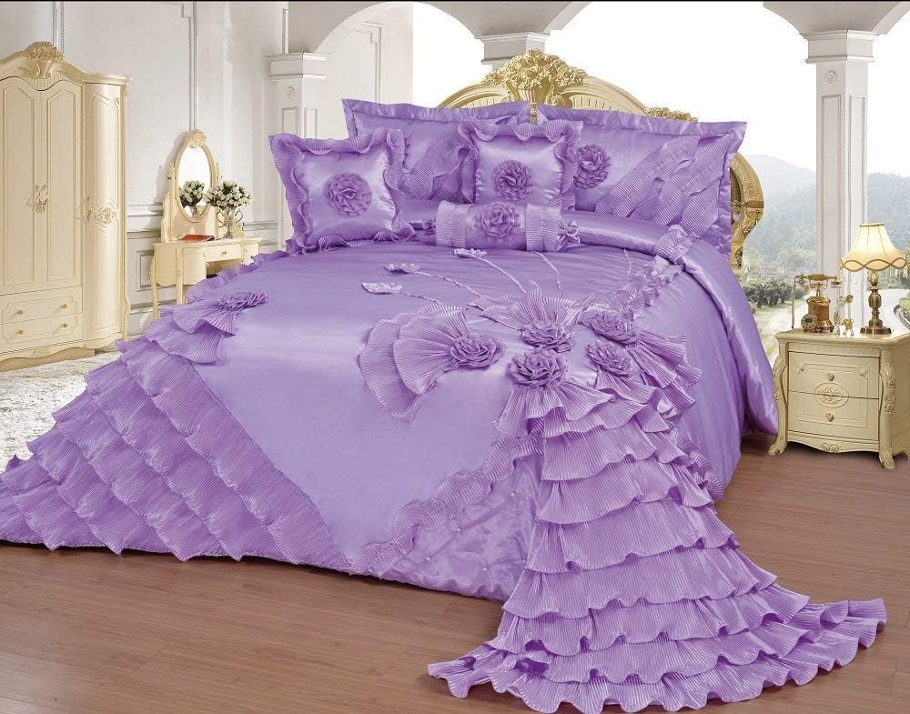 OctoRose Royalty Oversized Lavender Wedding Bedding Bedspread | Cute Bed Set for California/King (120x110) | Comes with 2 Pillow Sham, 1 Square Pillow, and 1 Neck Roll