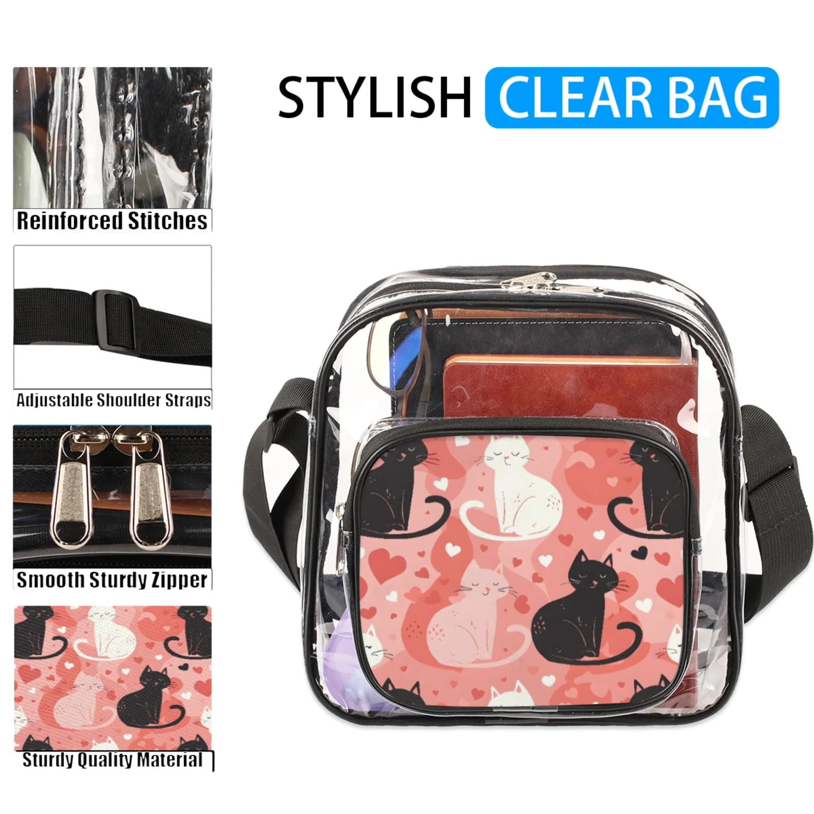 Clear Crossbody Bag Stadium Approved Cats Transparent Bag for Festivals, Sports Events, Concerts,Beach Bag for Women Men Clear Purse with Front Pocket Messenger Bag with Adjustable Strap