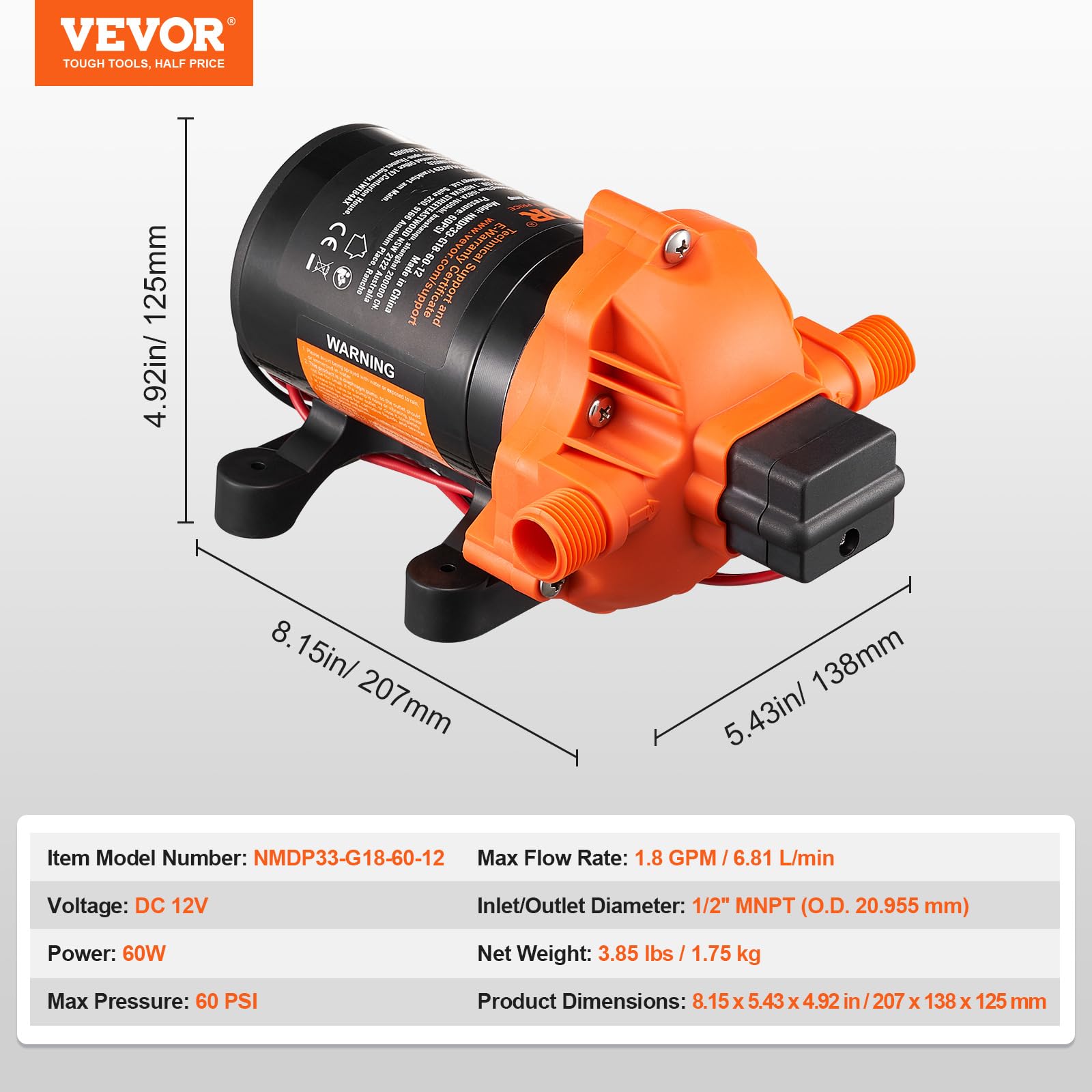 VEVOR Pompa membranowa 12 V, 1,8 GPM, 6,81 l/min, 3-komorowa pompa wodna 12 V DC z automatycznym wyłącznikiem ciśnienia 40 – 100 PSI, 60 PSI, port MNPT do kamperów, jachtów, kamperów, kamperów, łodzi