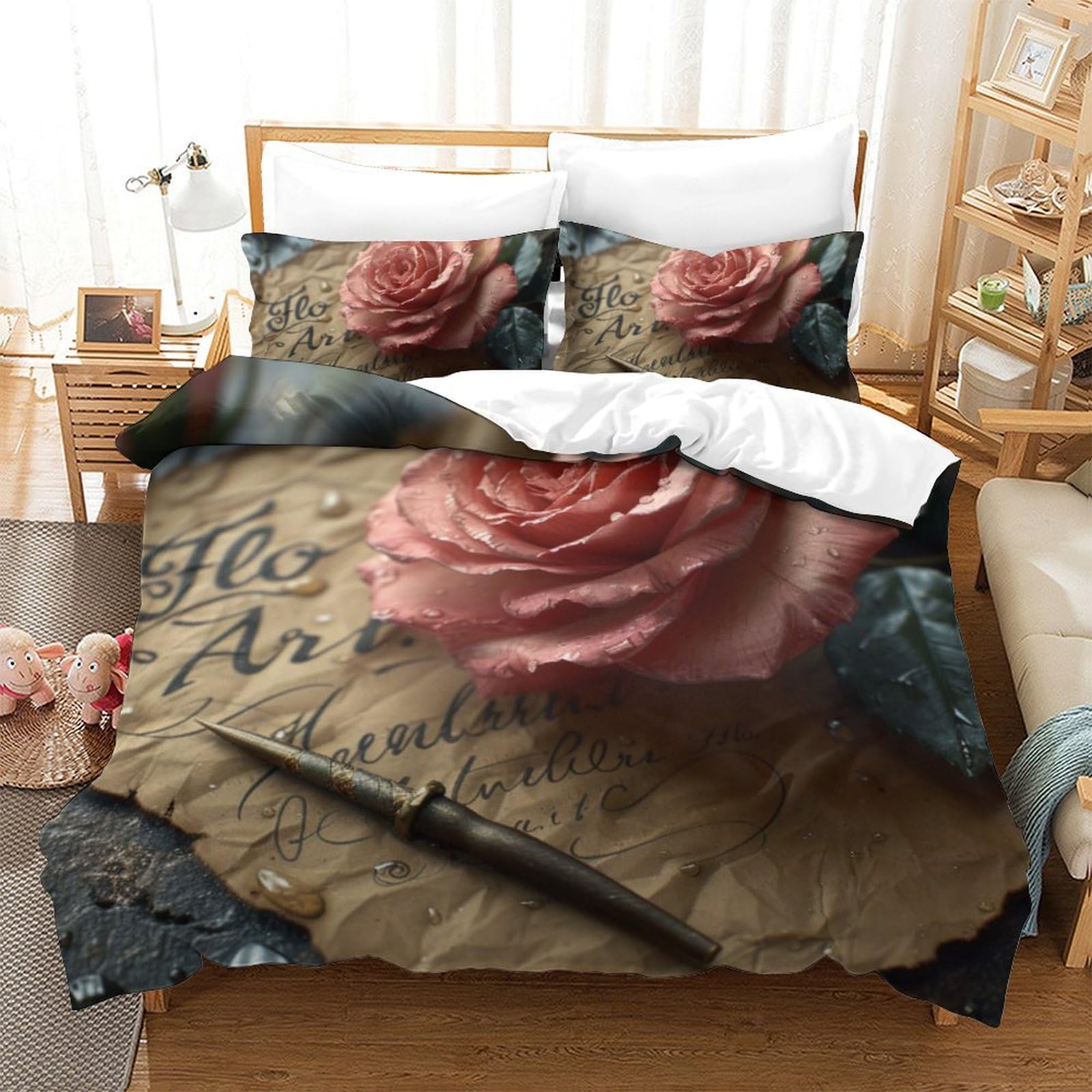 Housse de couette douce roses 3D literie king size pour chambre ado fille