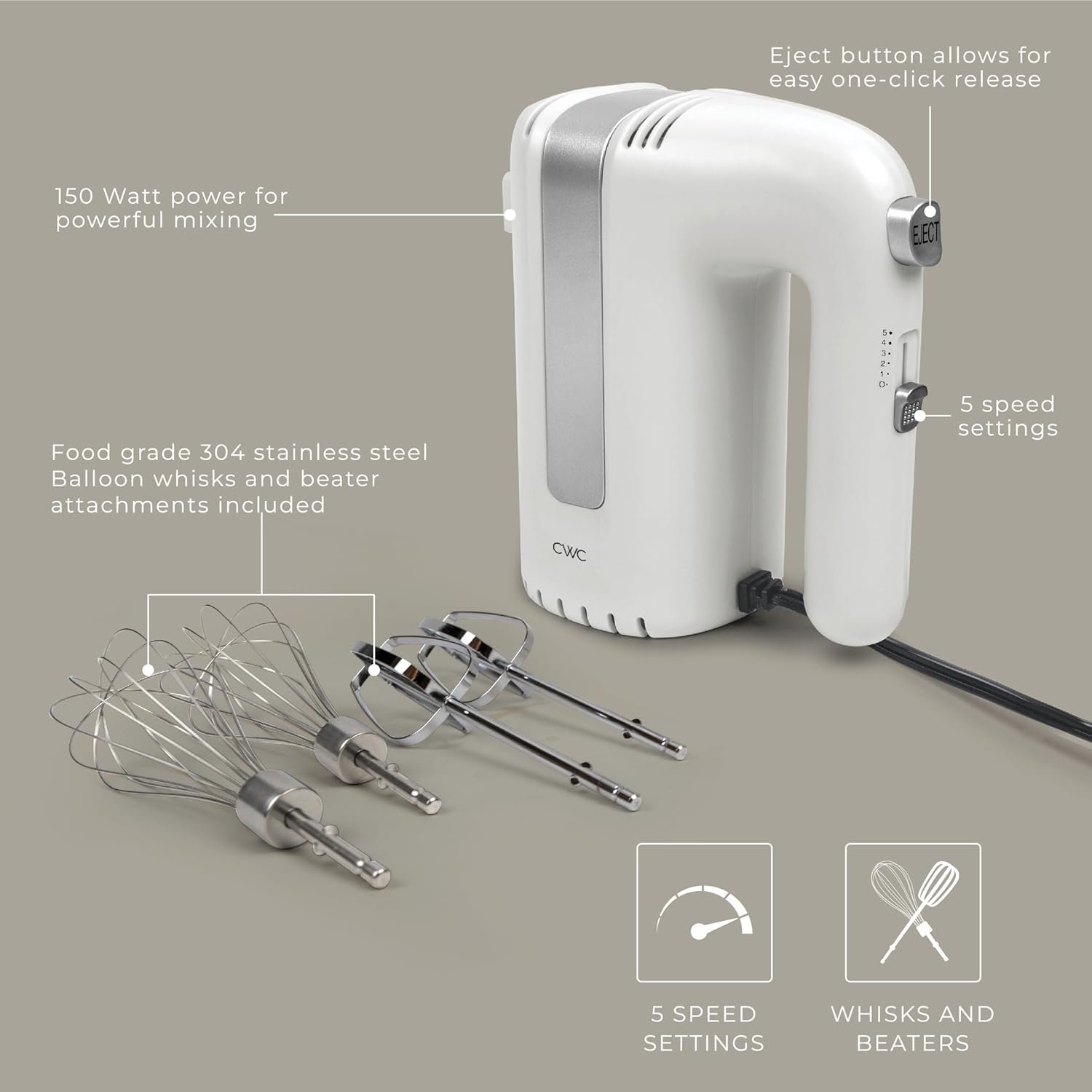 COOK WITH COLOR Handheld Mixers: Whip up Deliciousness! Beaters & Whisk Attachments. Lightweight & Labeled, 150w 5 Speed, Creme