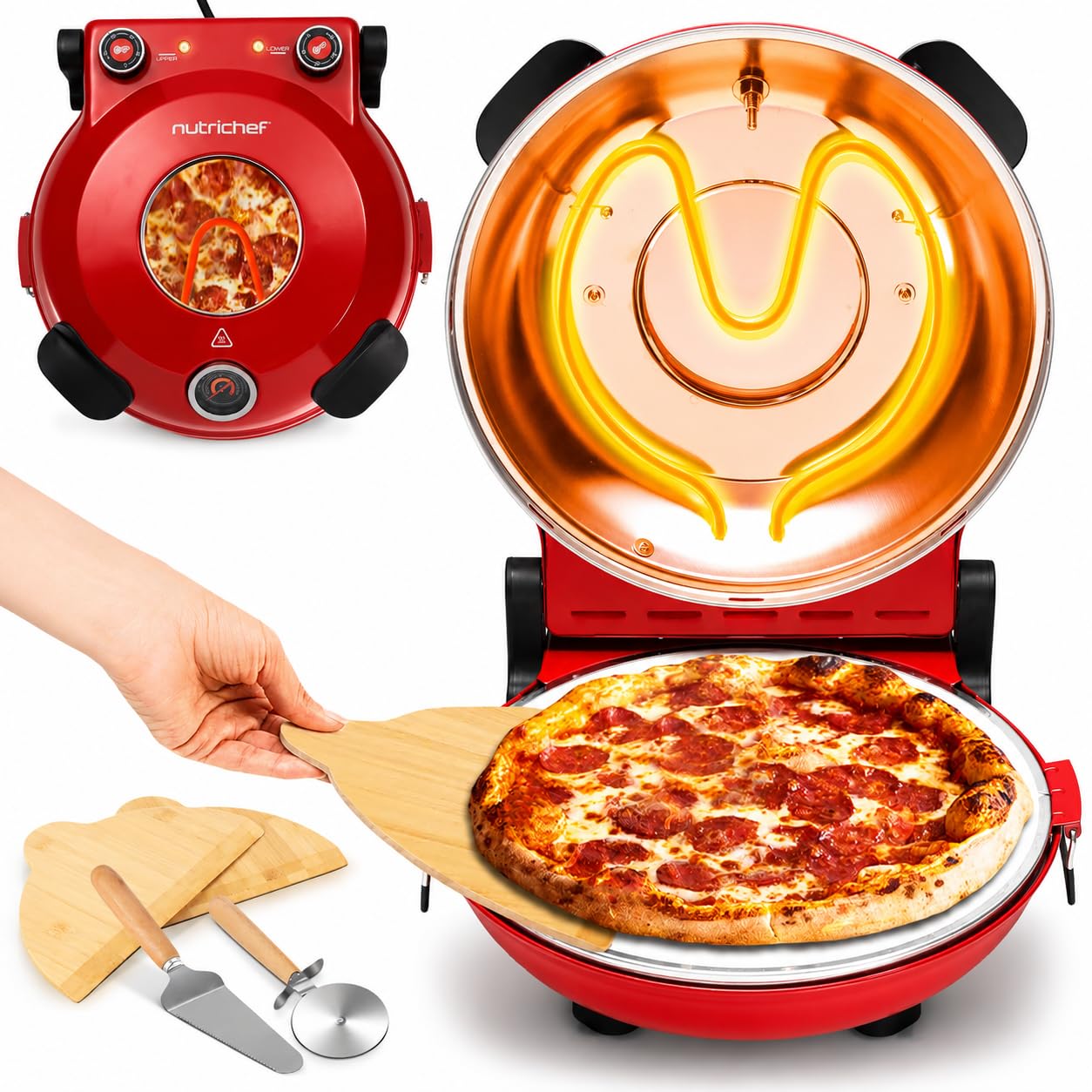 NutriChef Pizzaofen Elektrisch – Ø 35,5cm Abnehmbarer Keramikstein, 1200W bis 430°C, Ober-/Unterhitze Getrennt Regelbar, Sichtfenster, Antihaft