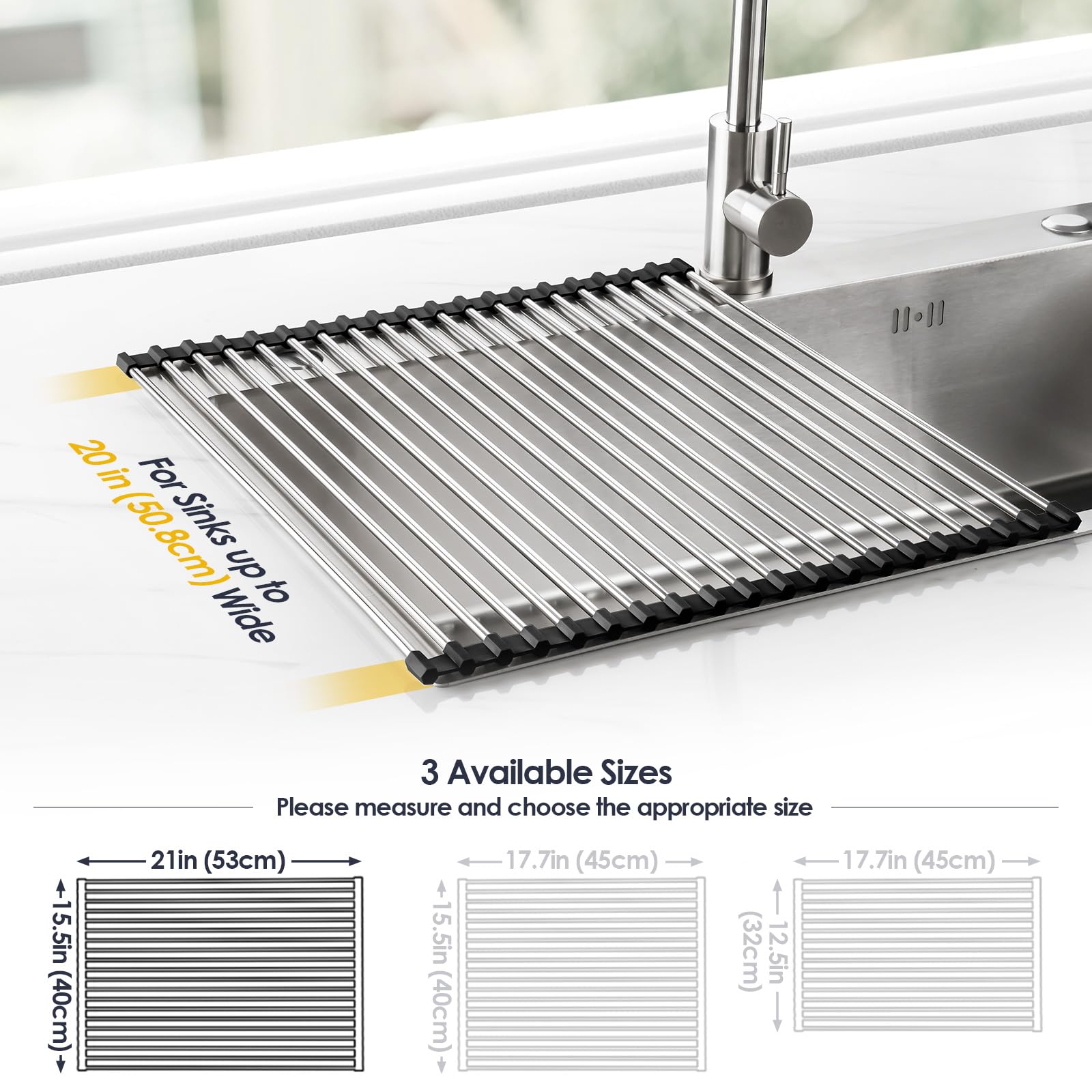 Tomorotec Scolapiatti arrotolabile da 53,3 x 39,4 cm, per lavello, accessorio per lavello da cucina, organizer multiuso, scolapiatti pieghevole in acciaio inox