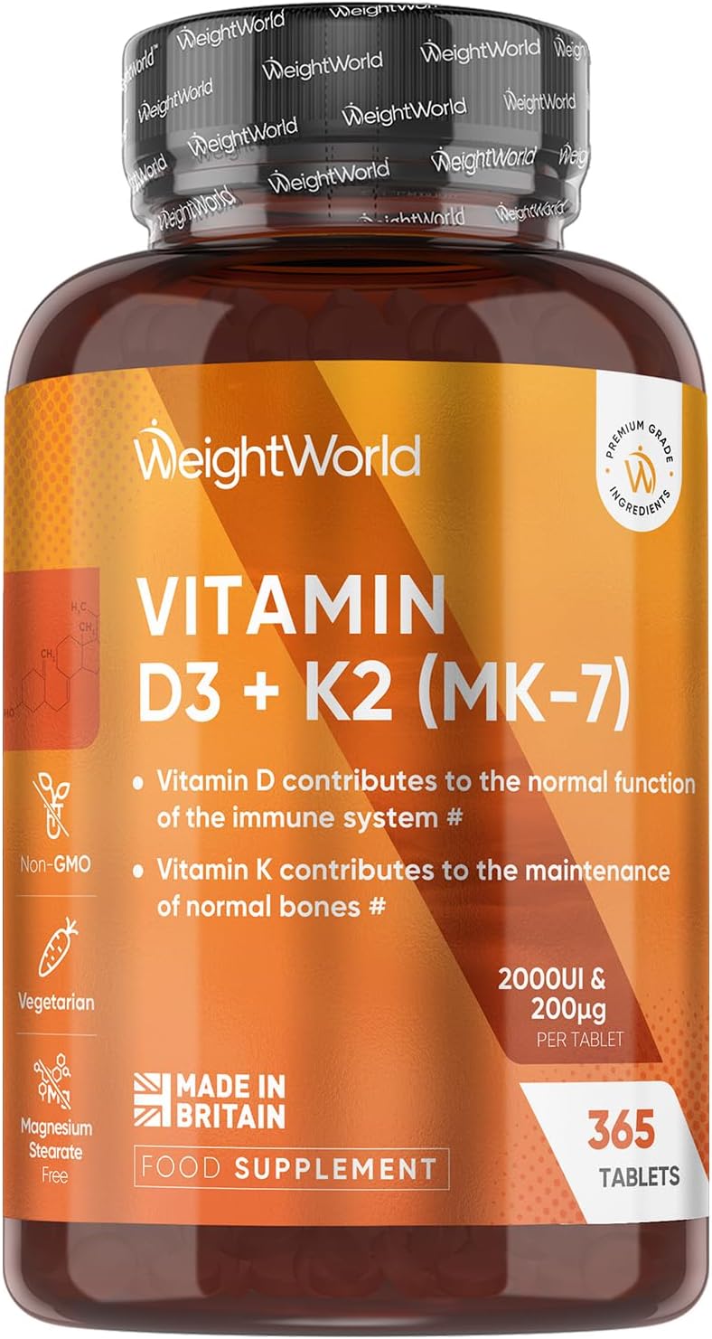 Vitamin D3 K2 Tablets | 365 Tablets | 1 Year Supply | 2000IU Vitamin D3 (Cholecalciferol) | 200mcg K2 (Menaquinone MK-7) | 1 per Day | Easy to Swallow (6mm) | Vegetarian & Non-GMO VIT D Supplement
