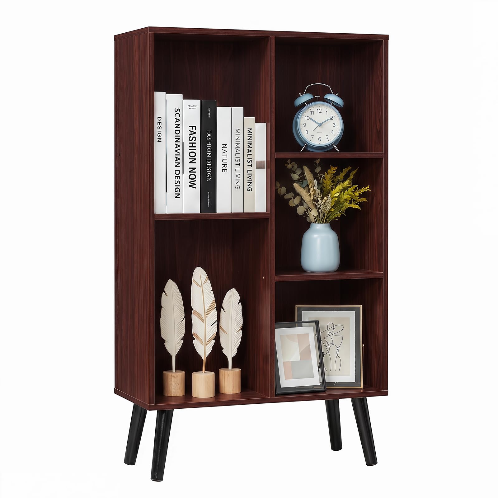 YAHARBO Small Walnut Narrow Bookshelf,5 Tier Modern Bookcase with Legs,Bookshelves Wood Storage Shelf,Rustic Book Shelves Cube Organizer,Display Bookcase