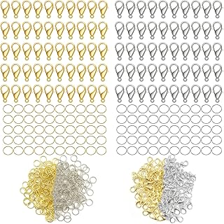 700 Pieces Lobster Clasps and Open Jump Rings Set, 200 Pcs 12mm Lobster Claw Clasps Necklace Fasteners Hook and 500 Pcs 5 mm Jump Rings for DIY Bracelet Necklace Jewelry Making, Gold & Silver