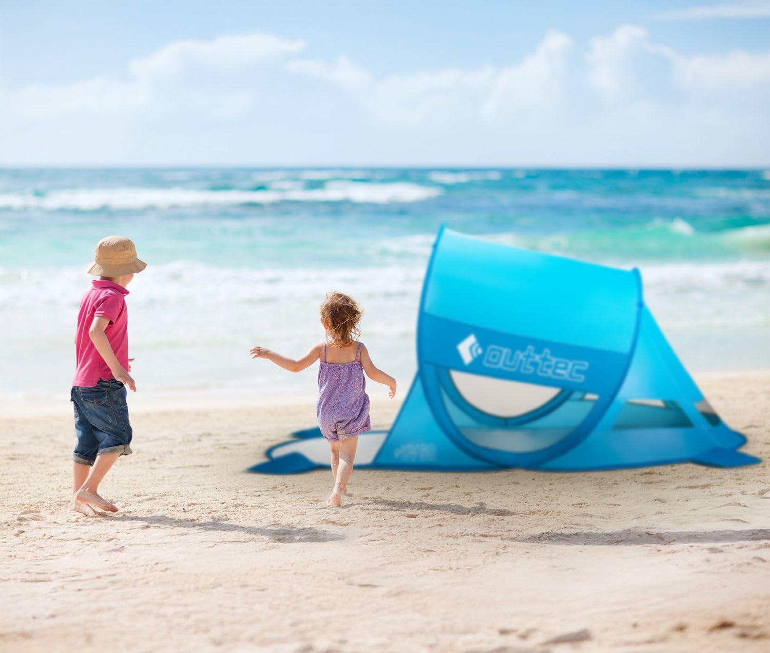 Strandtent voor baby's, pop-up, uv-bescherming 50 , Outtec, met zandzakken en draagtas, ideaal voor familie, camping, tuin, turquoise