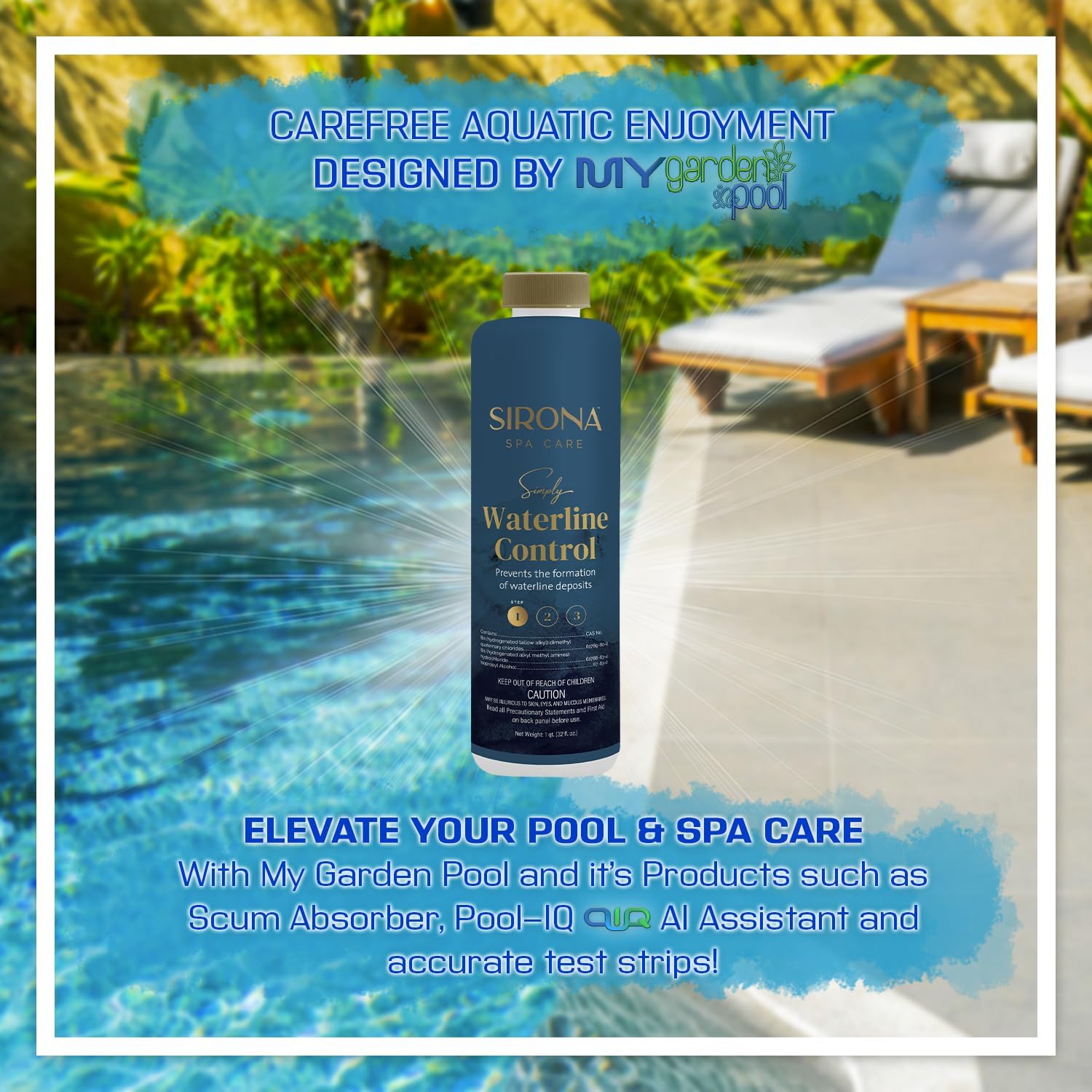 Sirona 82106 Simply Waterline Control, 32 fl Oz – Includes My Garden Pool 20 Ct. Test Strips & Scum Sponge – Prevents Waterline Buildup for Clean Spa Surfaces