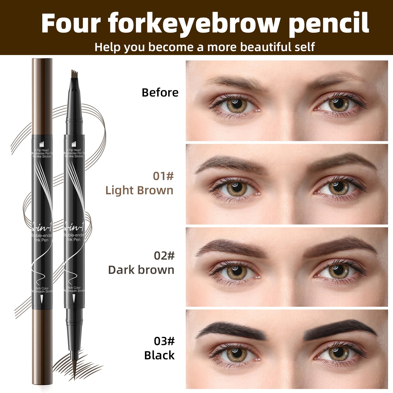 Matita per sopracciglia impermeabile, matita per sopracciglia microblading 2 in 1 a doppia estremità, lunga durata, anti-sbavature Penna per sopracciglia liquida ad asciugatura rapida (Marrone scuro)