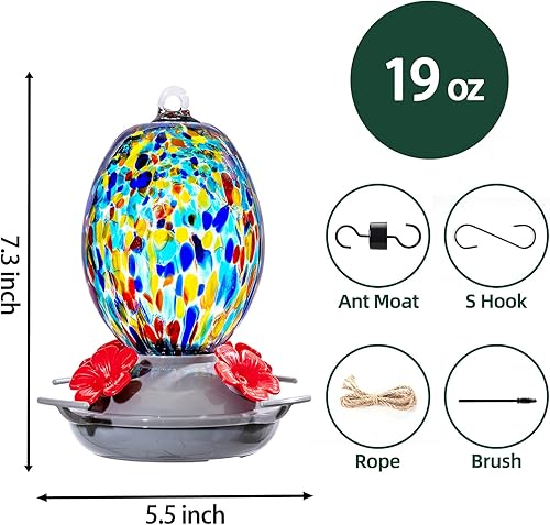 Miniatura 44 de Muse Garden - Comedero de vidrio soplado de 27 onzas para colibríes para exteriores; regalo p/mamá, mujeres, abuelos, decoración de jardín p/colgar