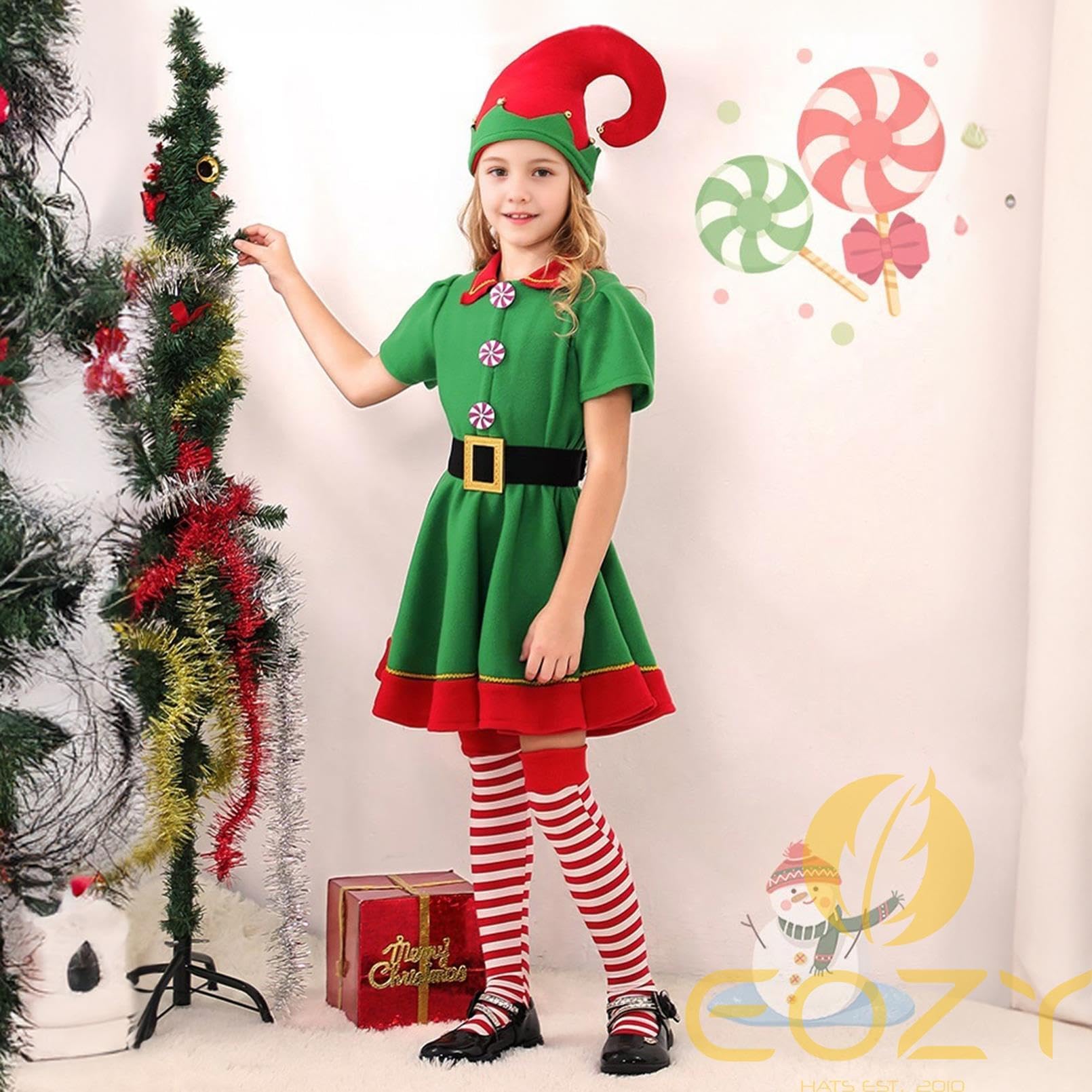 EOZY Santa Elf Costume Kids Chirstmas Elf Costumes for Girls Xmas Party Santa Fancy Dress Outfit with Hat and Stockings - Image 4