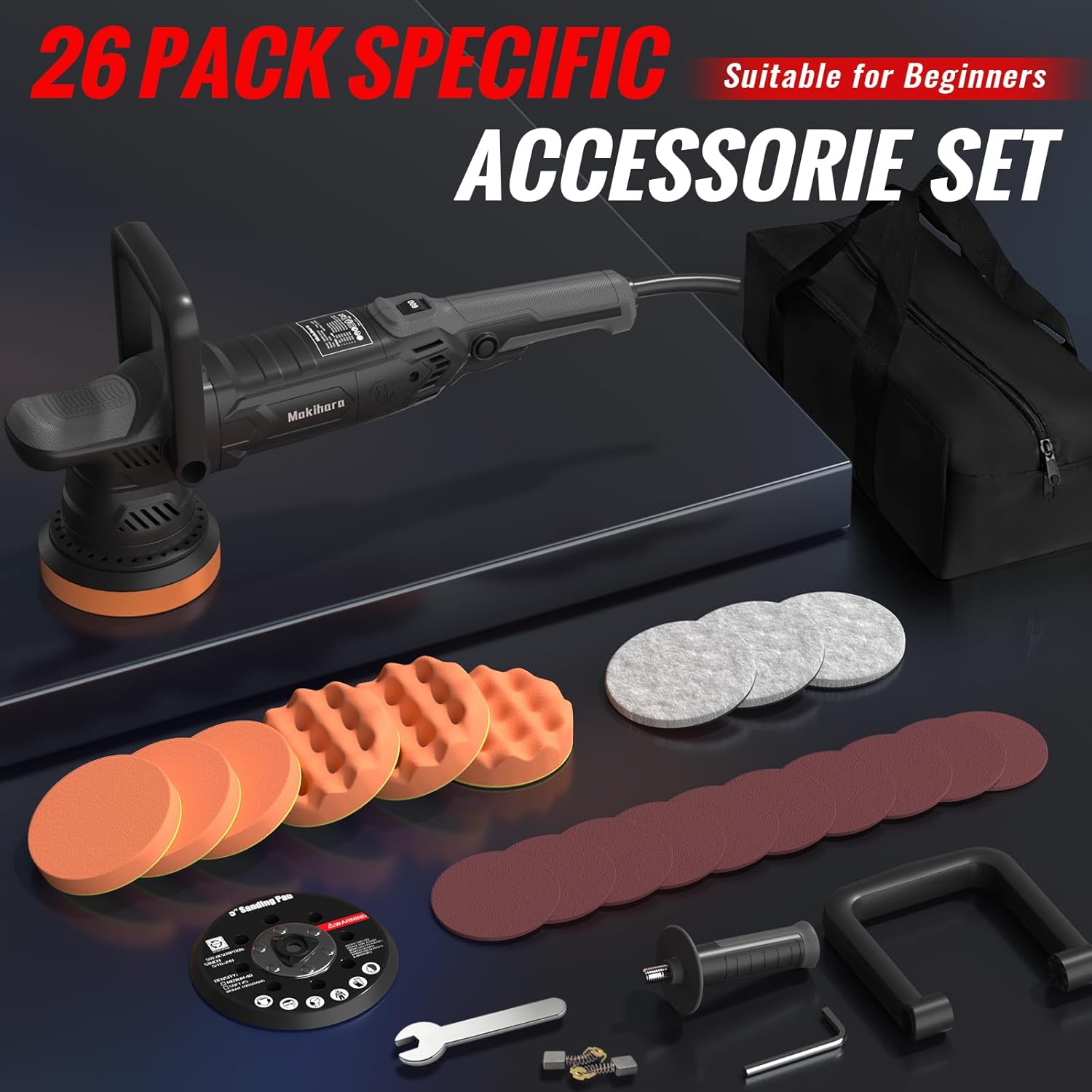 Car Buffer Polisher, 5 Inch Random Orbital Car Polisher, 1600W 6 Variable Speed 600-3600 RPM, 26Pcs Attachments, Polisher for Car Detailing, Boat Sanding, Scratch Removing