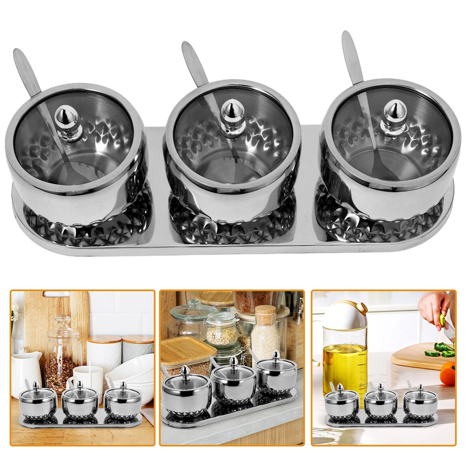 VILLCASE Edelstahl Gewürzglas mit Glasdeckel Löffel und Tablett Kompakte Gewürzbehälter für Küche Einfach zu Öffnen Langlebig und Übersichtlich für Salz Zucker Gewürze