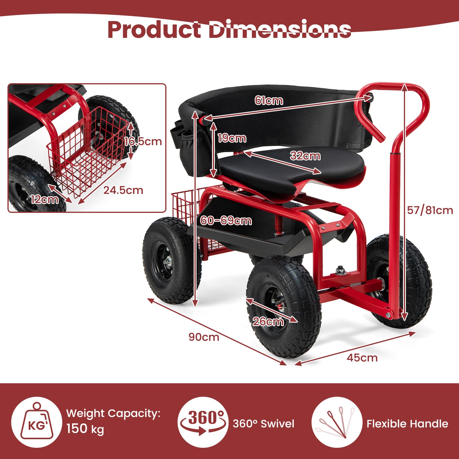 SOARS Rollsitz für Gartenarbeit, Gartensitz 360°drehbar, 60-69cm höhenverstellbar, Gartenwagen mit ausziehbarem Griff, Ablage & Korb, Arbeitssitz 135kg belastbar für Gartenarbeit & Autopflege