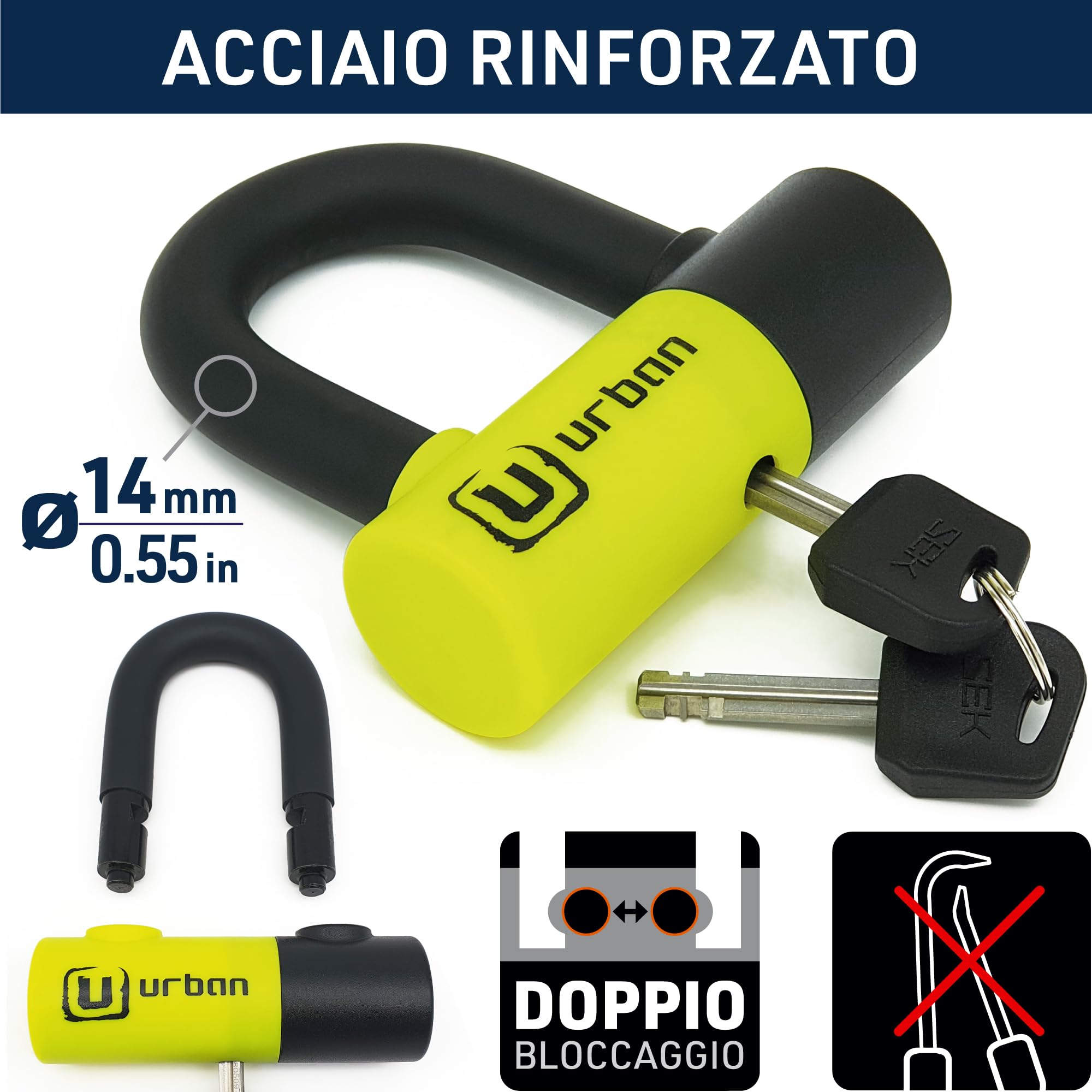 URBAN UR59120 - Lucchetto antifurto mini U con catena con fiocco da 120 cm, doppia funzione più sicura per lucchetto moto disco, serratura ad alta sicurezza e doppia chiusura, antifurto universale per