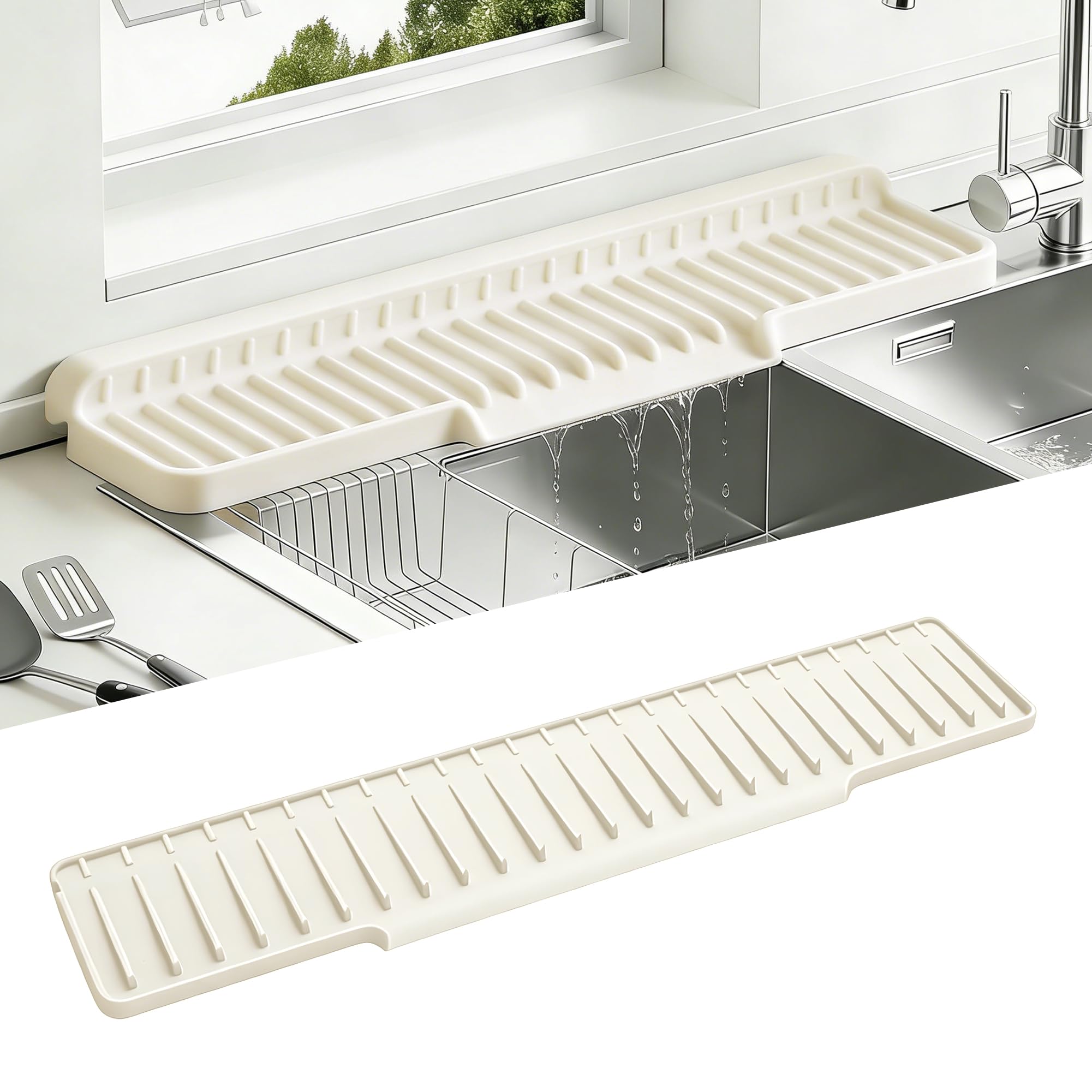 Volminex Silicone Sink Protector, Sink Splash Guard, Foldable Drain Rack, Smart Kitchen Gadget, Narrow and Long Sink Protector, Silicone Sink Faucet Mat for Kitchen and Bathroom (White, 50 x 10cm)