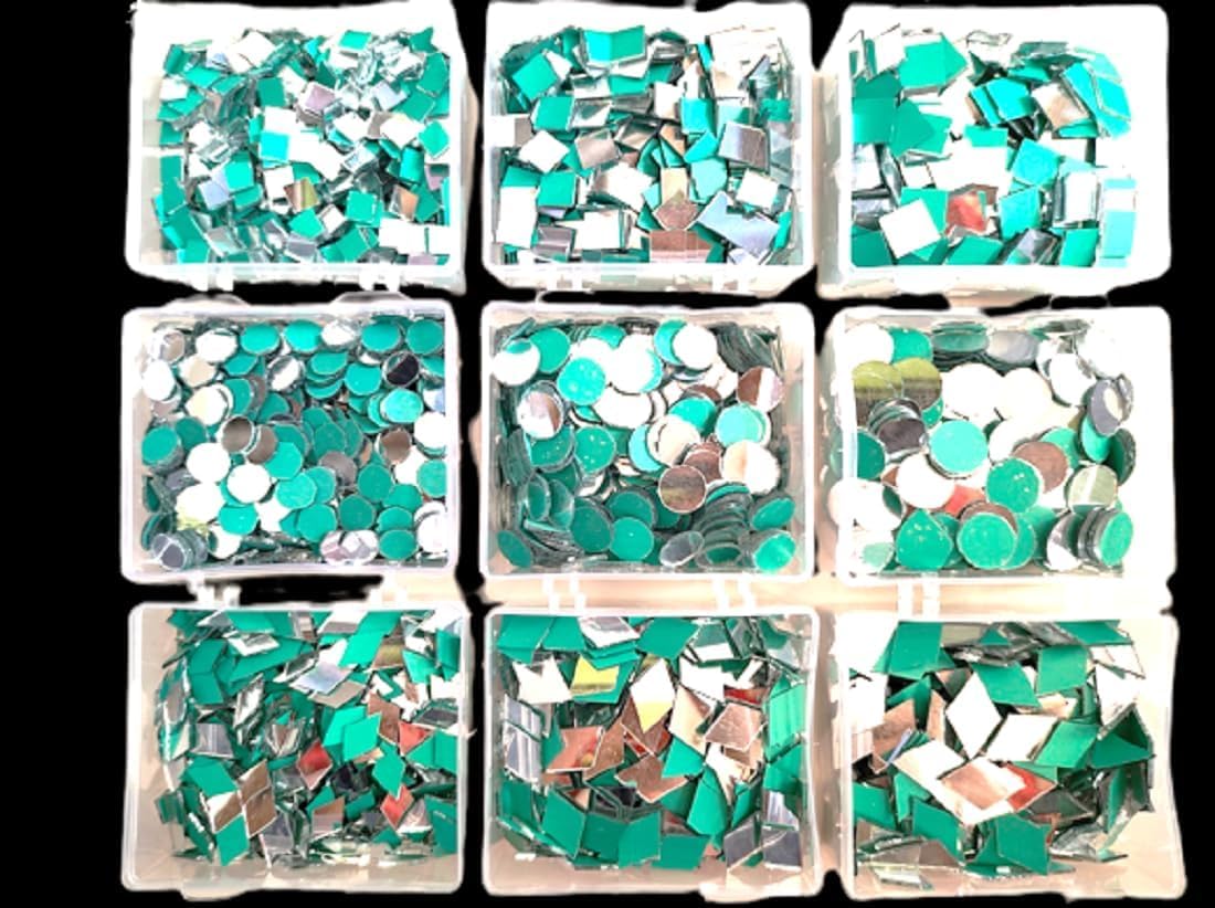 Teraiya's Lippan Art 9 Shape Mirrors Round Square and Diamond Shape (900 Pcs) with Free Storage Box Craft Work Mirror Kit for Jewellery Making