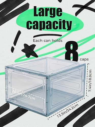 Miniatura 37 de Paquete de 6 cajas organizadoras de sombreros, apilables transparentes para gorras de béisbol, contenedores con puerta magnética para sombreros