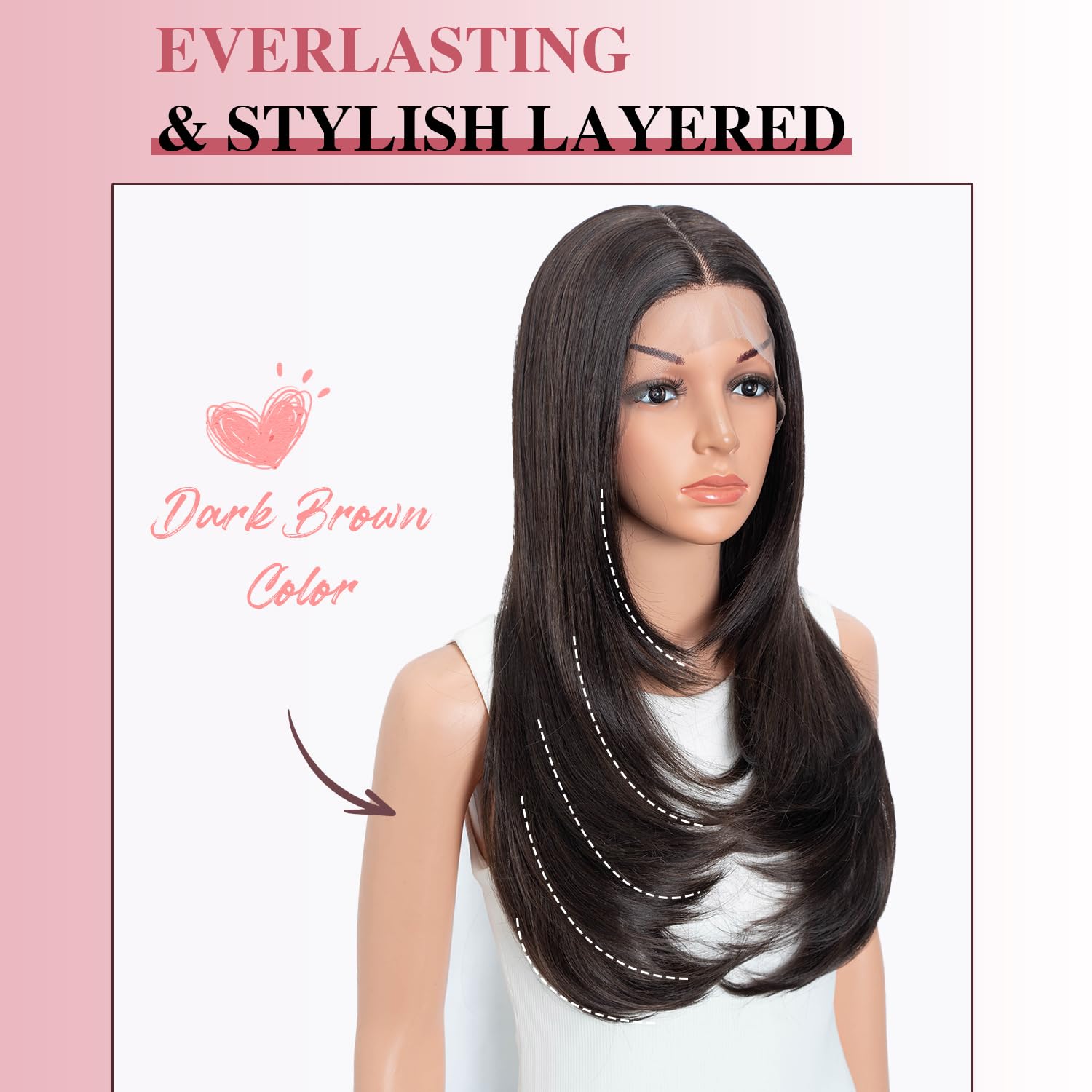 Style Icon Long Layered Wig Straight Synthetic Lace Front Wig 24 inch Middle Part Lace for Women 13x5x1 T Part Heat Resistant Fiber for Daily Party (F5/6A)