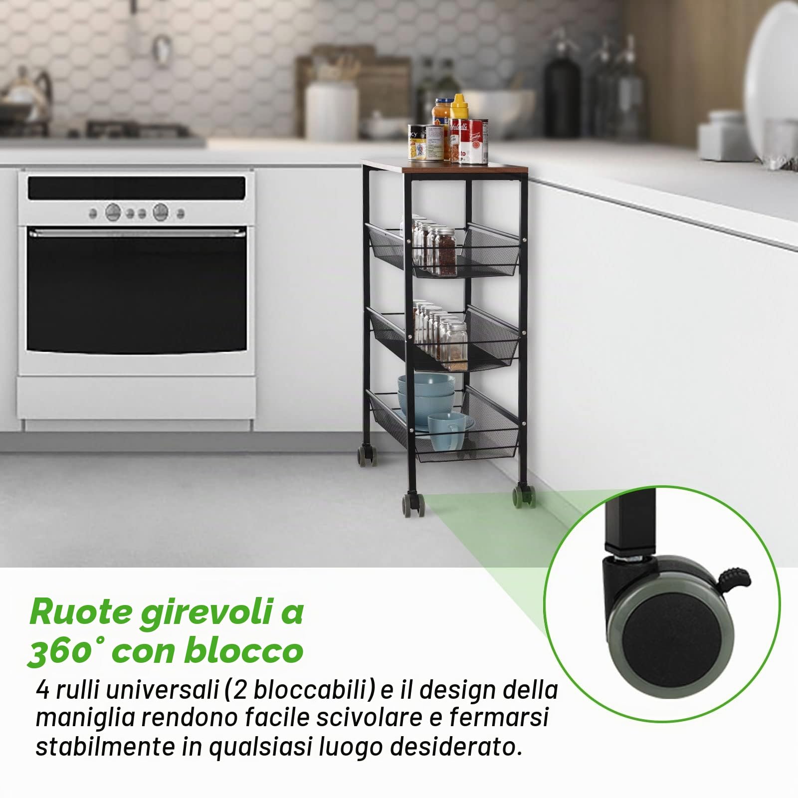 Carrello a 4 Ripiani con Ripiano in Legno, Carrello da Cucina, Carrello di Servizio in Metallo B'44 x D'29 x H'76,5 cm Mensola su Ruote per Cucina, Bagno, Soggiorno, Ufficio (Nero)