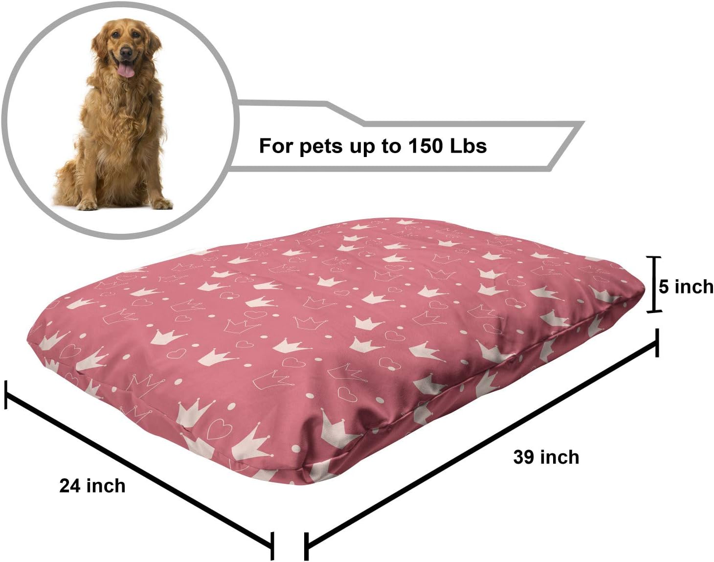 review Ambesonne Cartoon Pet Bed, Continuous Pattern of Crowns Dots and Hearts Designed in Pastel Tones, Chew Resistant Pad for Dogs and Cats Cushion with Removable Cover, 24