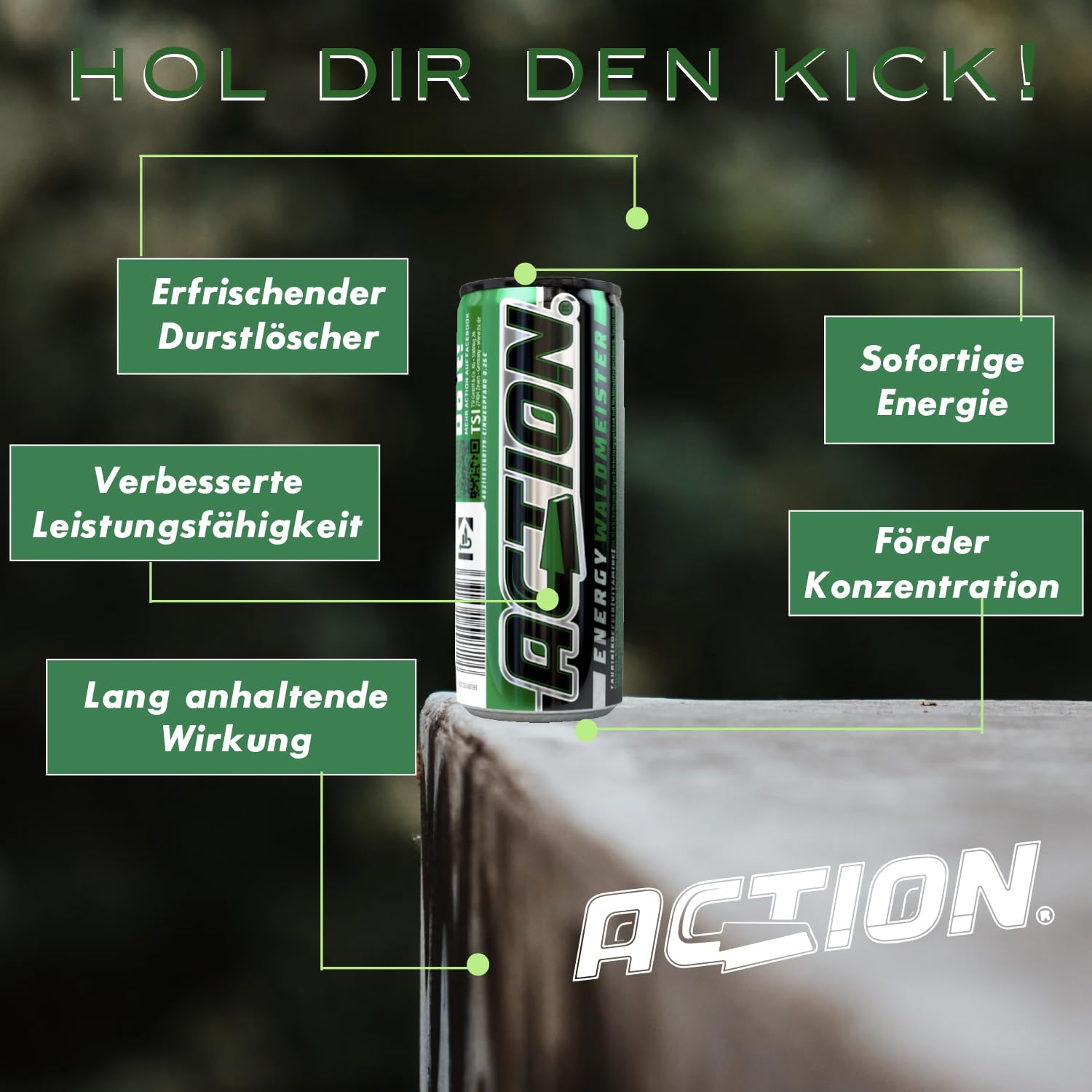 ACT!ON Action Energy Drink Waldmeister (48 x 250 ml) incluye depósito – Refresco con sabor a madera – patata energética con mayor contenido de cafeína 32 mg/100 ml de cafeína para mejorar el enfoque