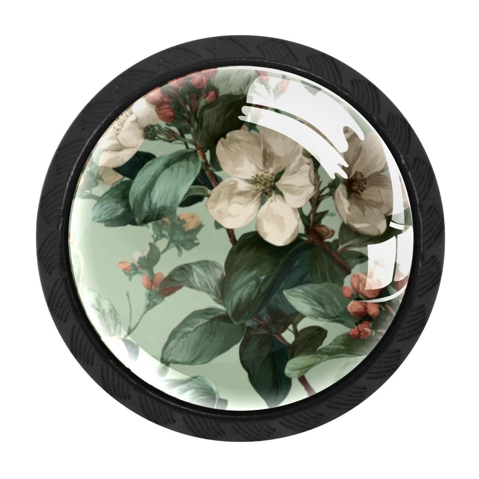 CHENZZZZ Sage Green Flowers with Leaves Pattern (2) Cabinet Knobs 4 Pieces Drawer Kitchen Cabinets Dresser Cupboard Wardrobe Unique Pulls Handles