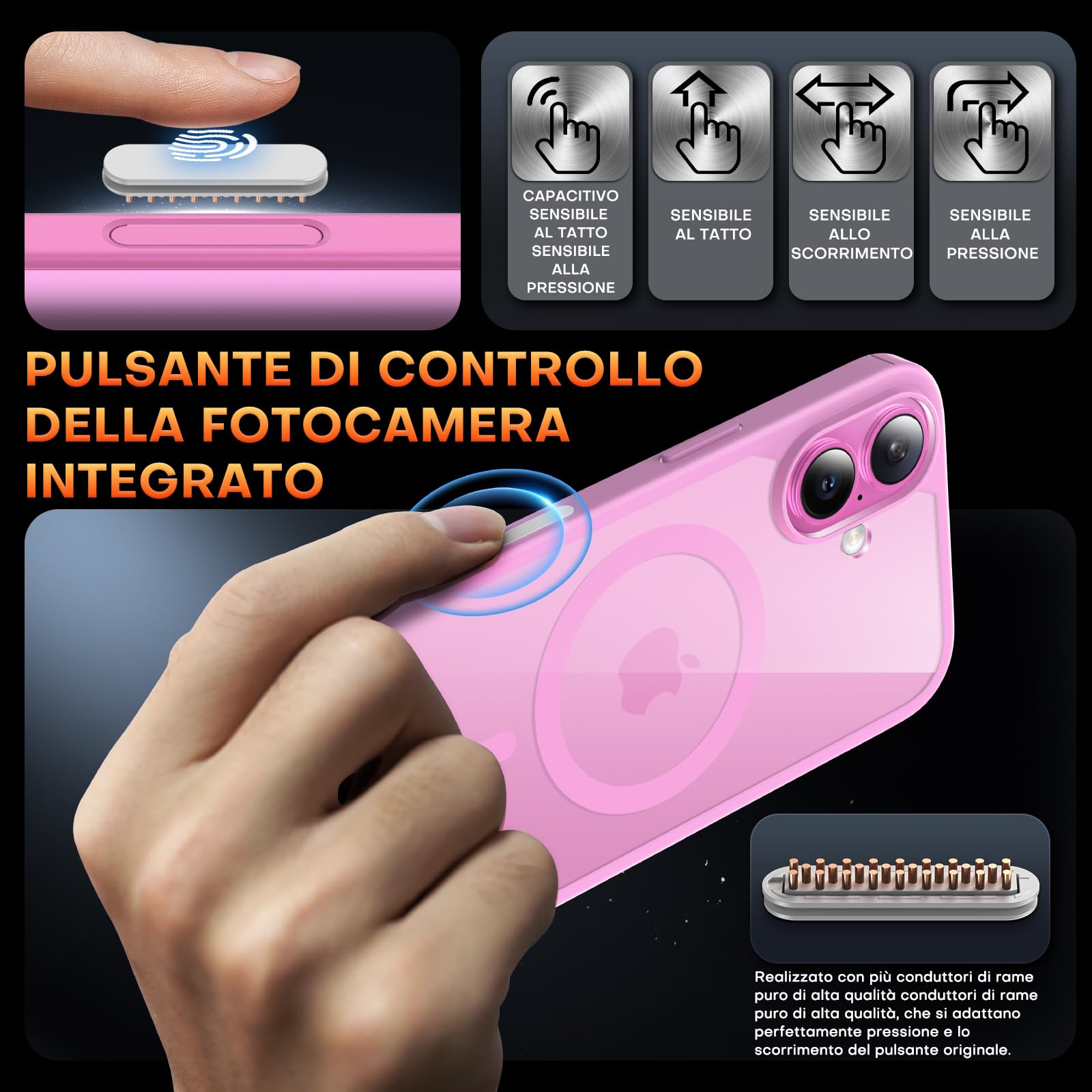 TAURI Magnetica Cover per iPhone 16 con Pulsante di Acquisizione Controllo Fotocamera, Compatibile con MagSafe [Protezione di Grado Militare], Custodia Sottile 6.1" - Rosa Viola