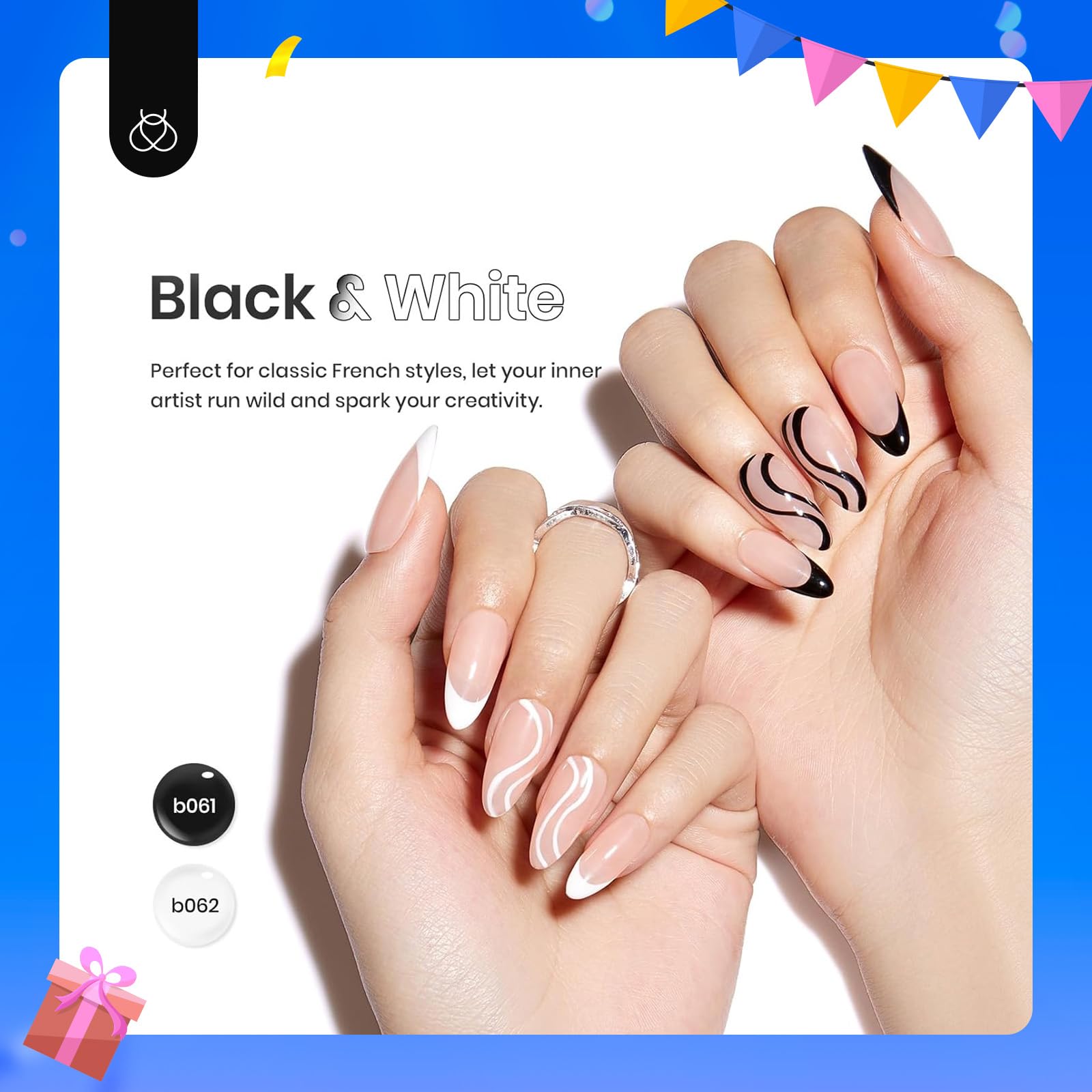Beetles - Juego de 2 esmaltes de gel para uñas de espiral, 2 colores populares en color negro y blanco para uñas de espiral, pincel de arte de uñas fino, kit de esmalte de uñas de gel 2