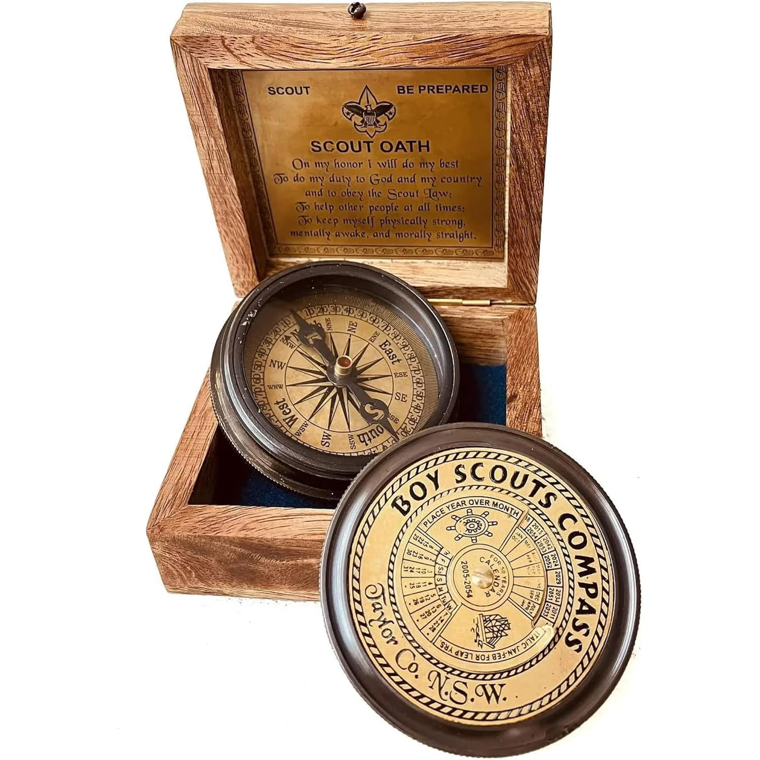 Vintage Boy Scouts Compass and Oath Set with Wooden Box, 5.08 cm, Brass and Glass, Antique Navigation Tool-picture-19