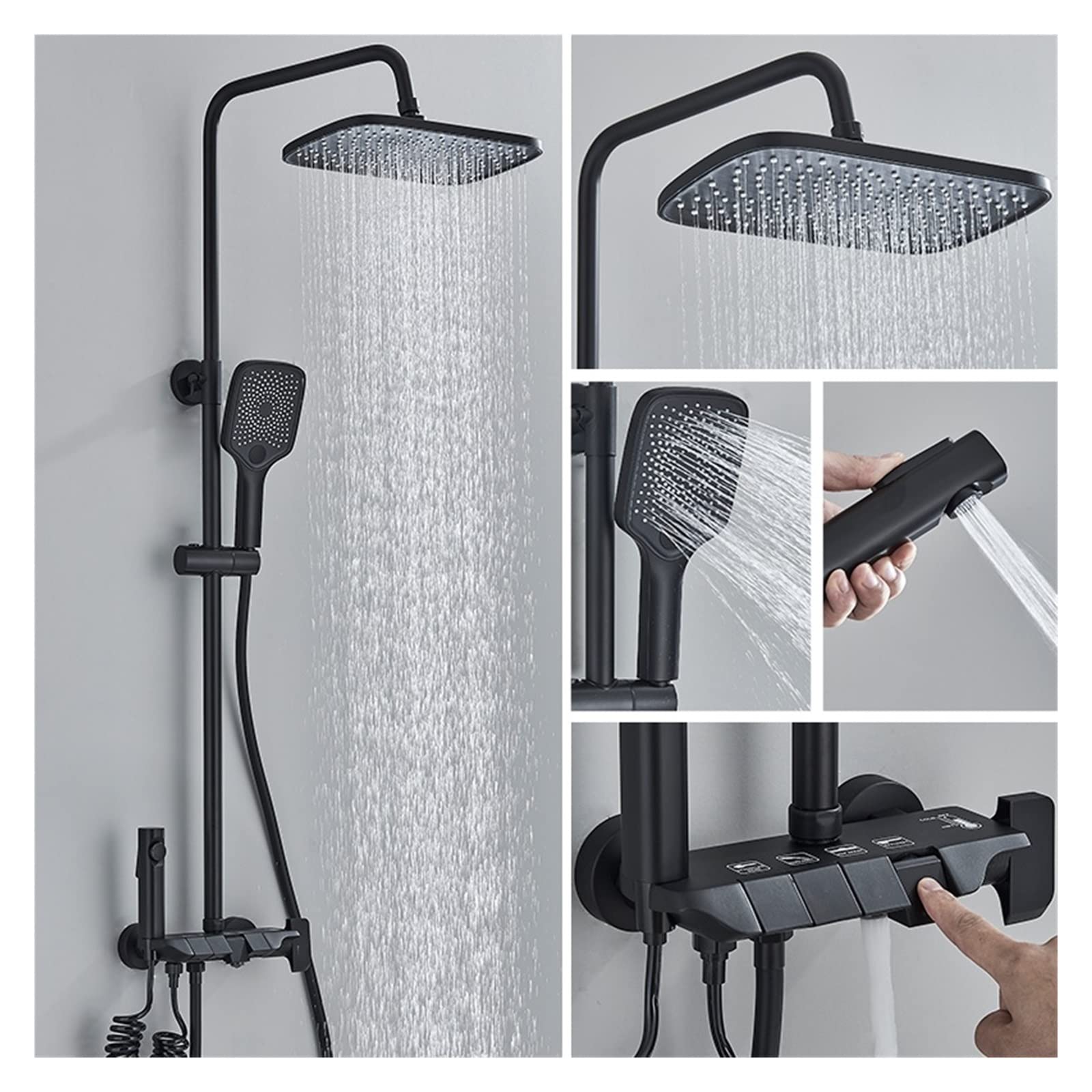 Set Doccia con Display Digitale for Pianoforte Nero Rubinetti for Bagno a 4 Vie Rubinetto a Cascata Calda e Fredda Doccia a Pioggia(Black Hot Cold)