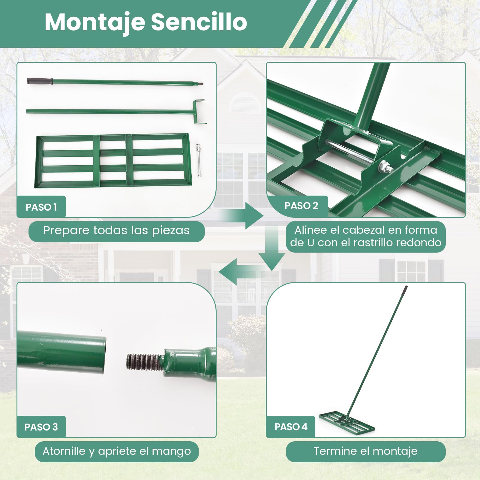 GOPLUS Rastrillo de Nivelación de Césped, Rastrillo Jardín con Mango Ergonómico 170 cm, Nivelador para Jardinería, Paisajismo, Nivelación, Patio, Campo de Golf (Verde 91 x 25 cm)