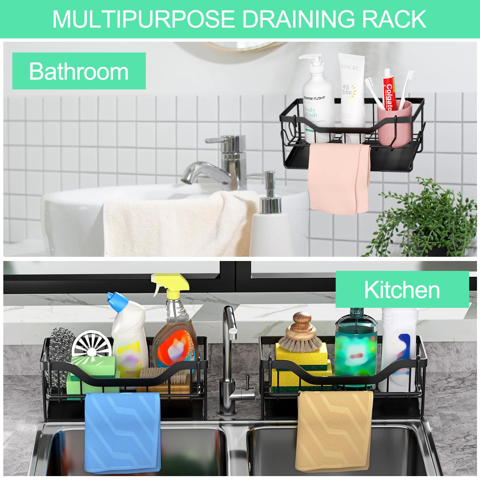 Organizer Sottolavello Nero - Portaspugne Autosvuotante Con Adesivo, Per Cucina Ordinata - Foto 4