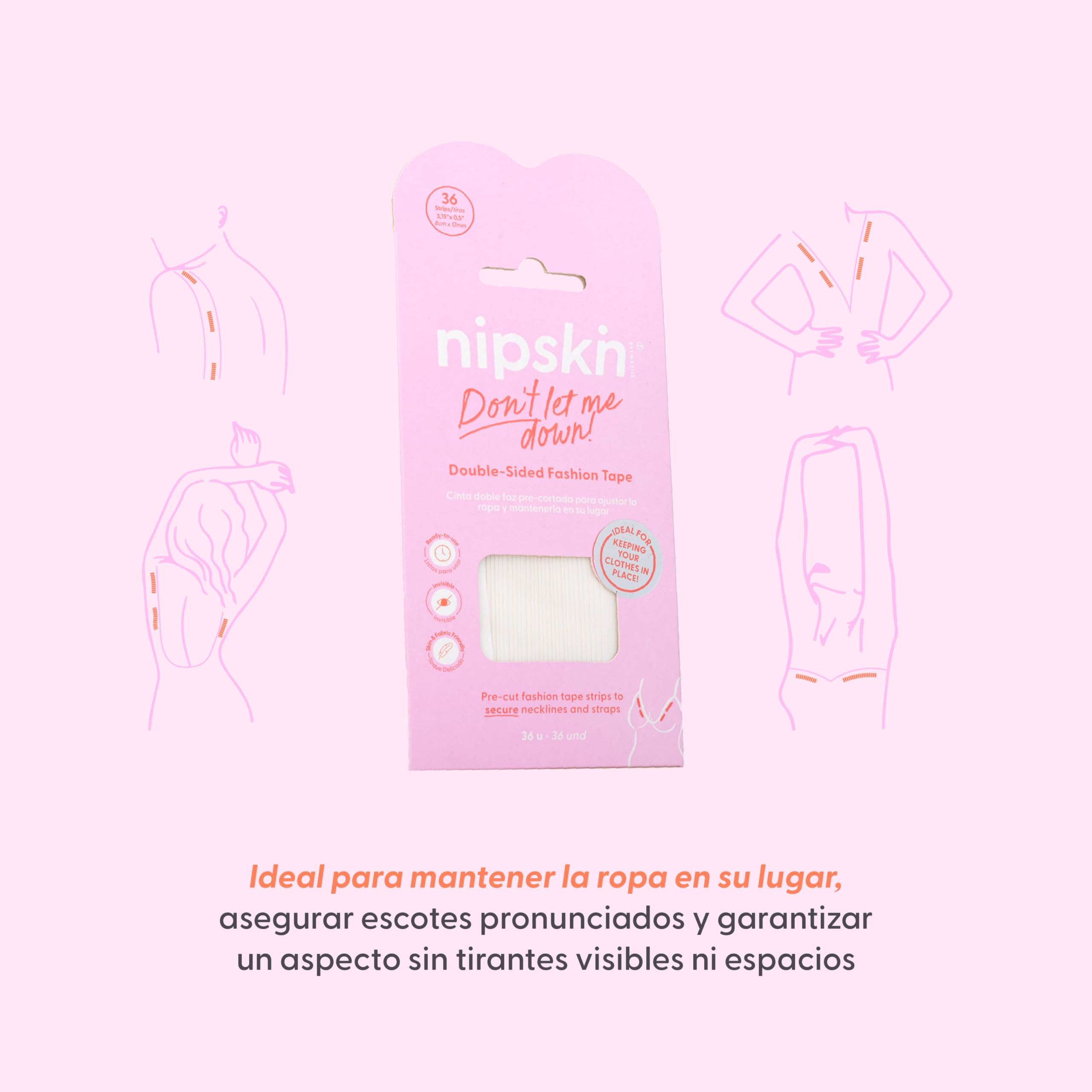 NIPSKIN Cinta de moda – Cinta de doble cara para cuerpo y ropa para un ajuste permanente, agradable al tacto, sujeción invisible para escotes profundos, aspecto sin tirantes, color blanco