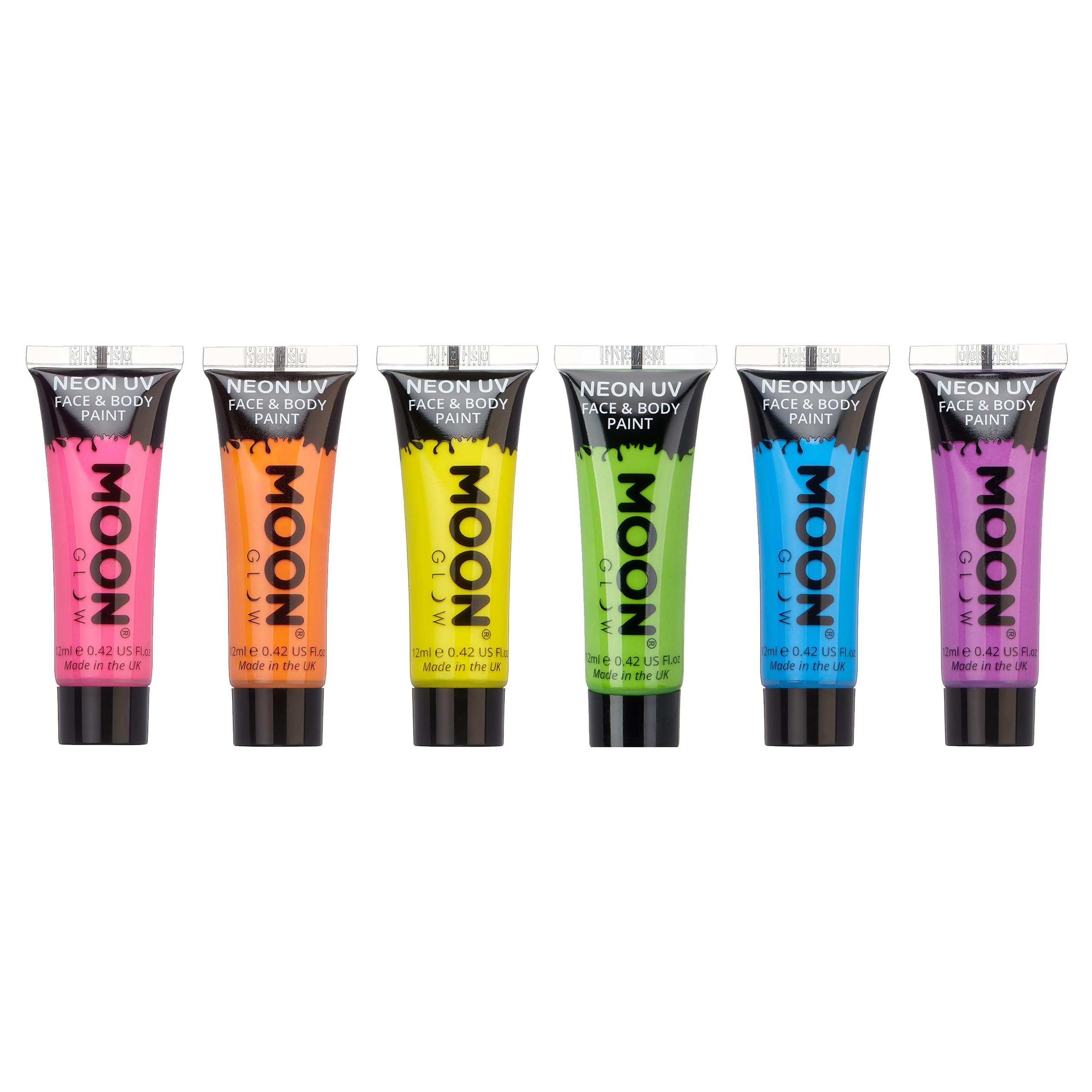 Moon Glow Blacklight Intense Neon UV gezichts- en lichaamsverf 0,42 oz - Set van 6 stuks - Inclusief UV-sleutelhanger