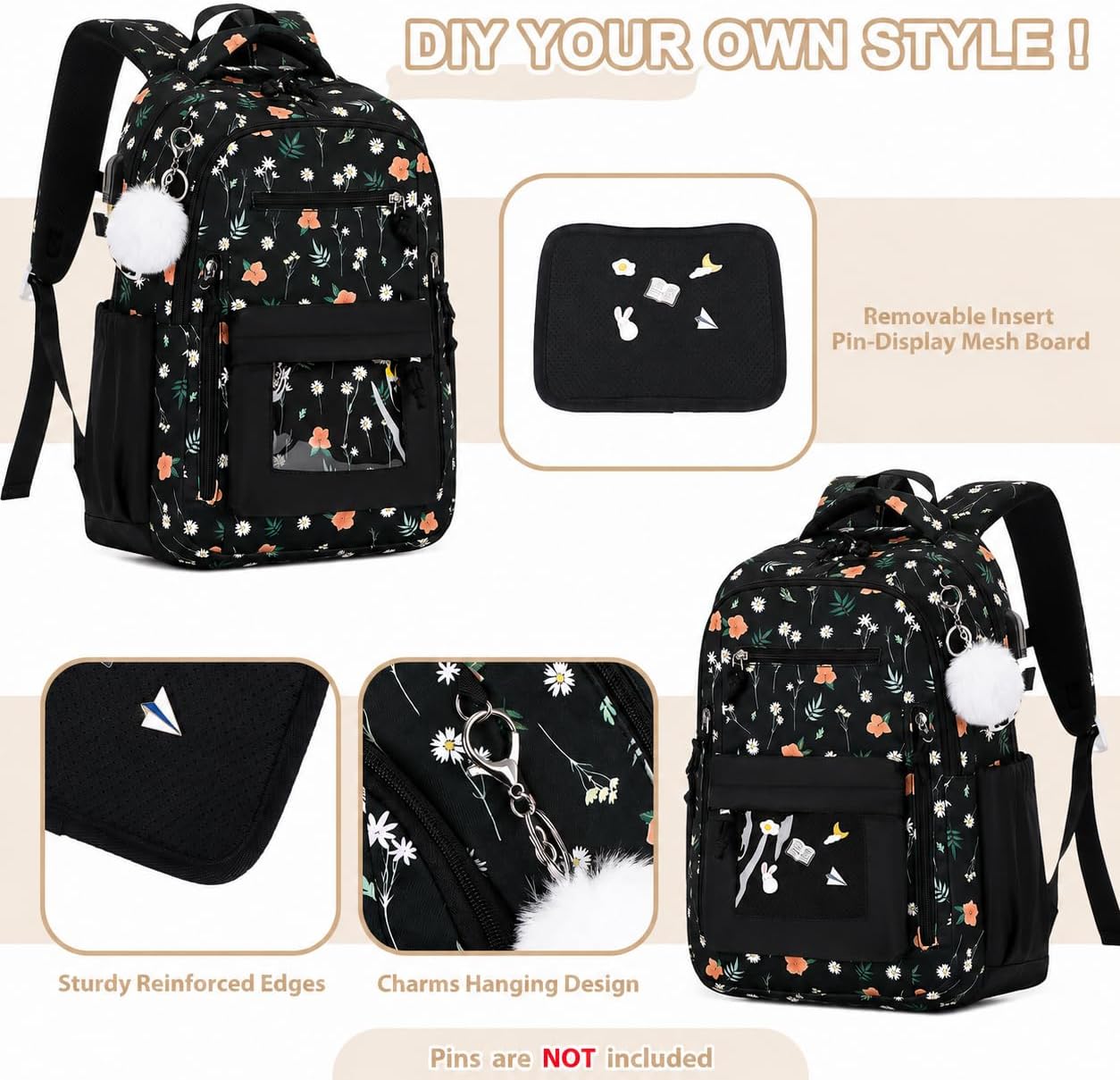 4PCS Girls Backpack Pin Display Ita Bag with Lunch Box image 3