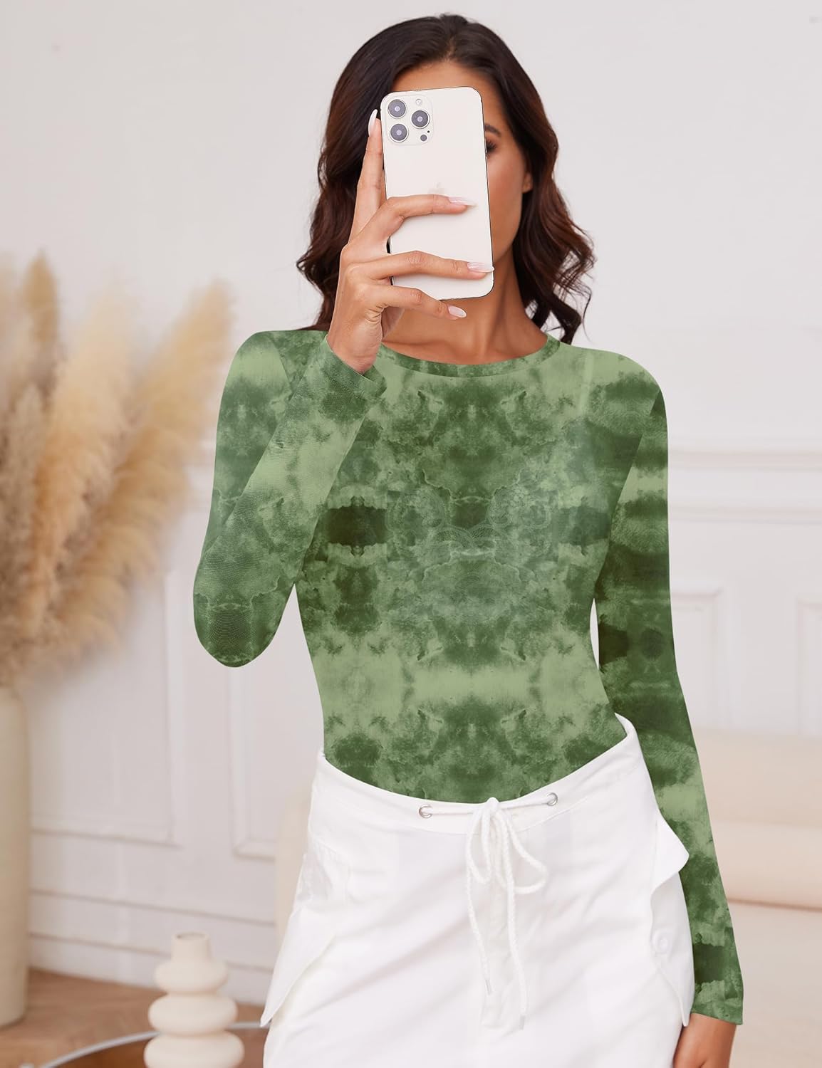 AKEWEI Womens Mesh Long Sleeve Tops Crew Neck Sexy See Through Tee Shirts Party Club Night Lace Blouse - Image 5