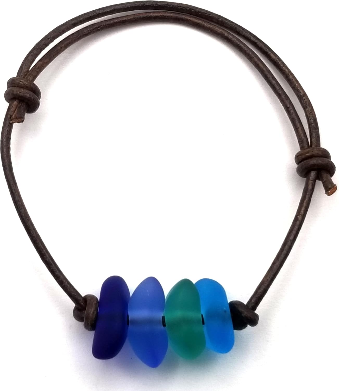 Updated YInahawaii Handmade leather cord unisex quad "Blue Hawaii" sea glass bracelet with chunky stones, Unique gift for him or her (Hawaii Gift Wrapped, Customizable Gift Message)