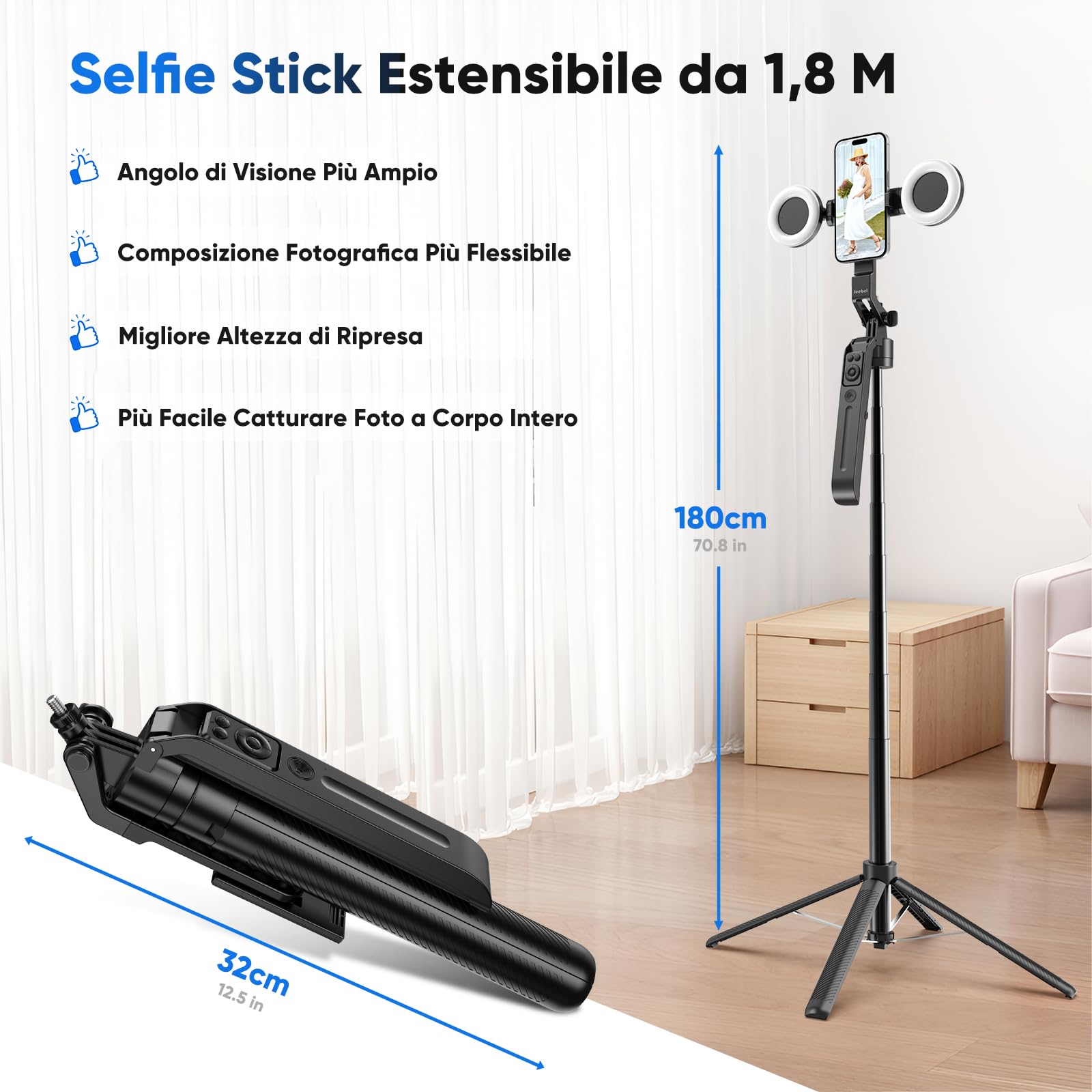 Jeebel Treppiede a Tracciamento Automatico del Volto - 180cm Bastone Selfie con Luci LED/Controllo Gesti/No App/Ruotabile 360° - Stabilizzatore Gimbal per Telefono Action-Cam DSLR Video Live Vlog