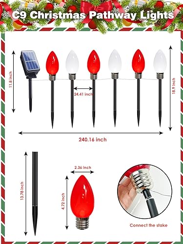Miniatura 8 de Paquete de 12 decoraciones de Navidad C9 grandes para exteriores, impermeables, luces solares C9 de Navidad al aire libre con 2 modos, luz solar