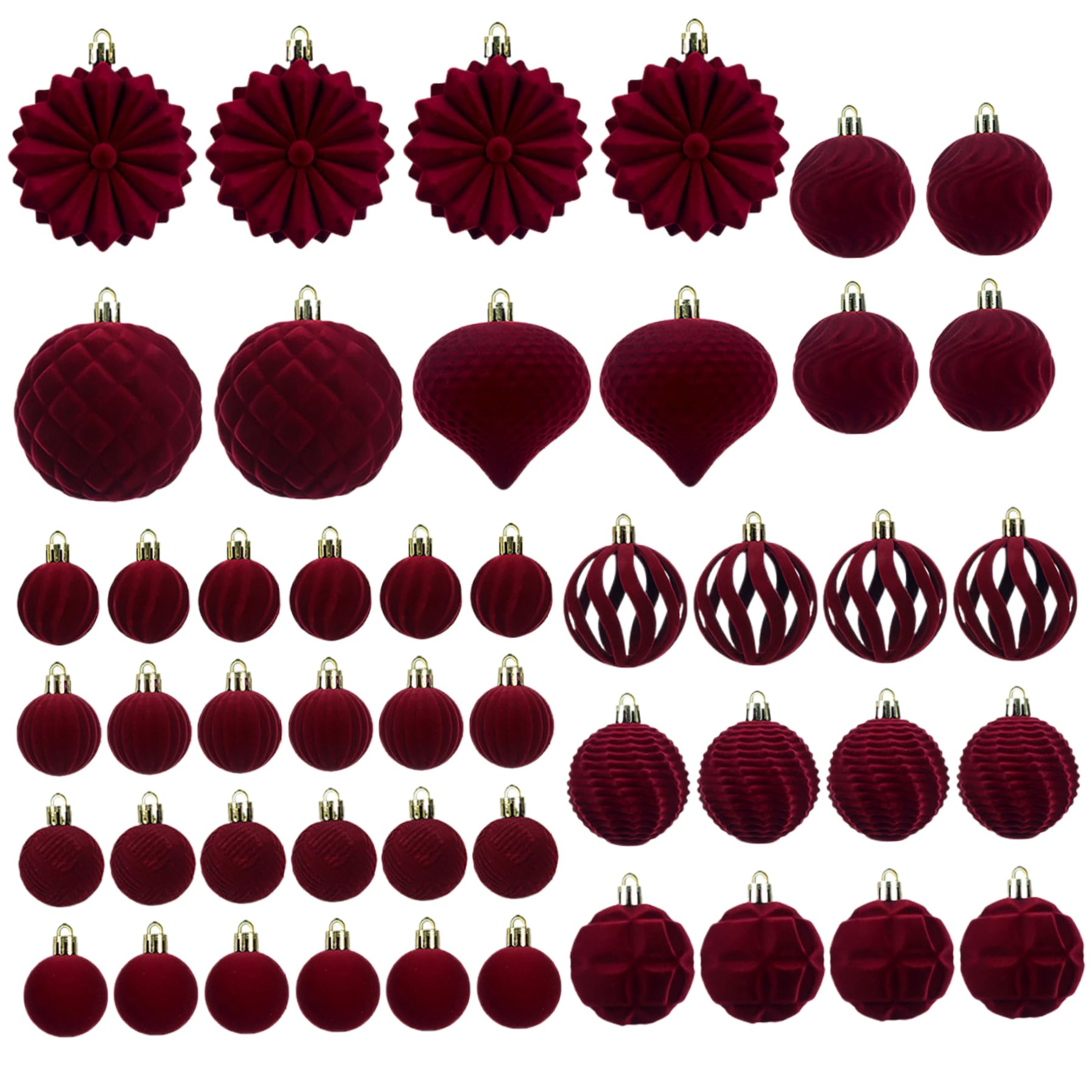 Décorations de Noël en velours 48 pièces boules floquées bordeaux rouges