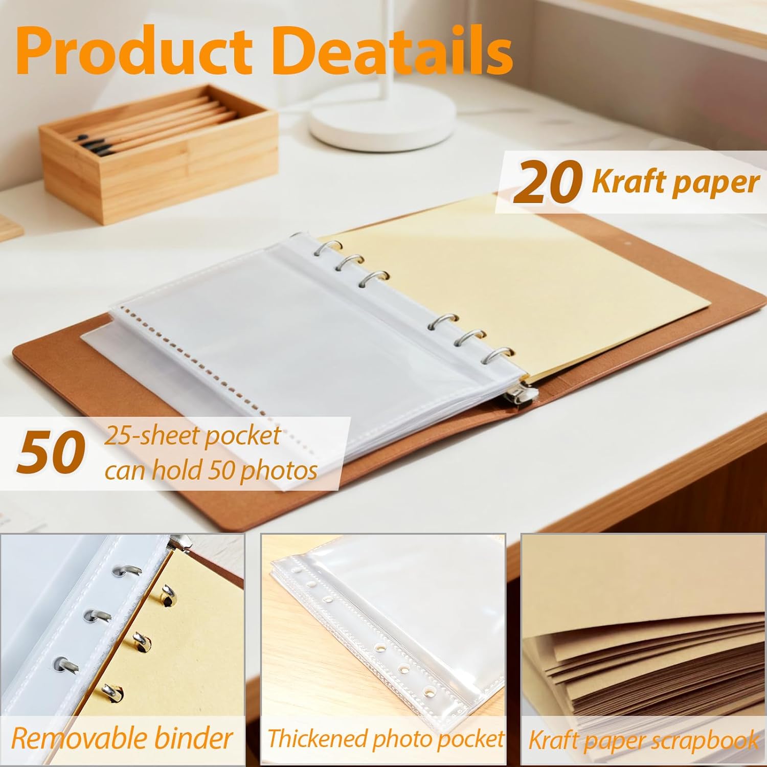 Photo Album 4x6, Leather Scrapbook Album with 50 Photos and 20 Writing Paper, DIY 6 Ring Binder Photo Album for Wedding Kids Birthday Family Travel (Brown) - Image 4