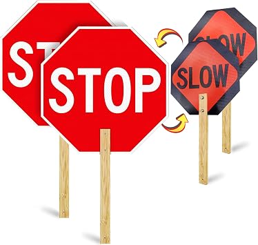 2 Pack Stop Slow Sign, 13 x 13 Handheld Stop Sign, Aluminum Crossing Guard Signs with Handle, Double Sided Reflective Signs, Waterproof, Weather Resistant