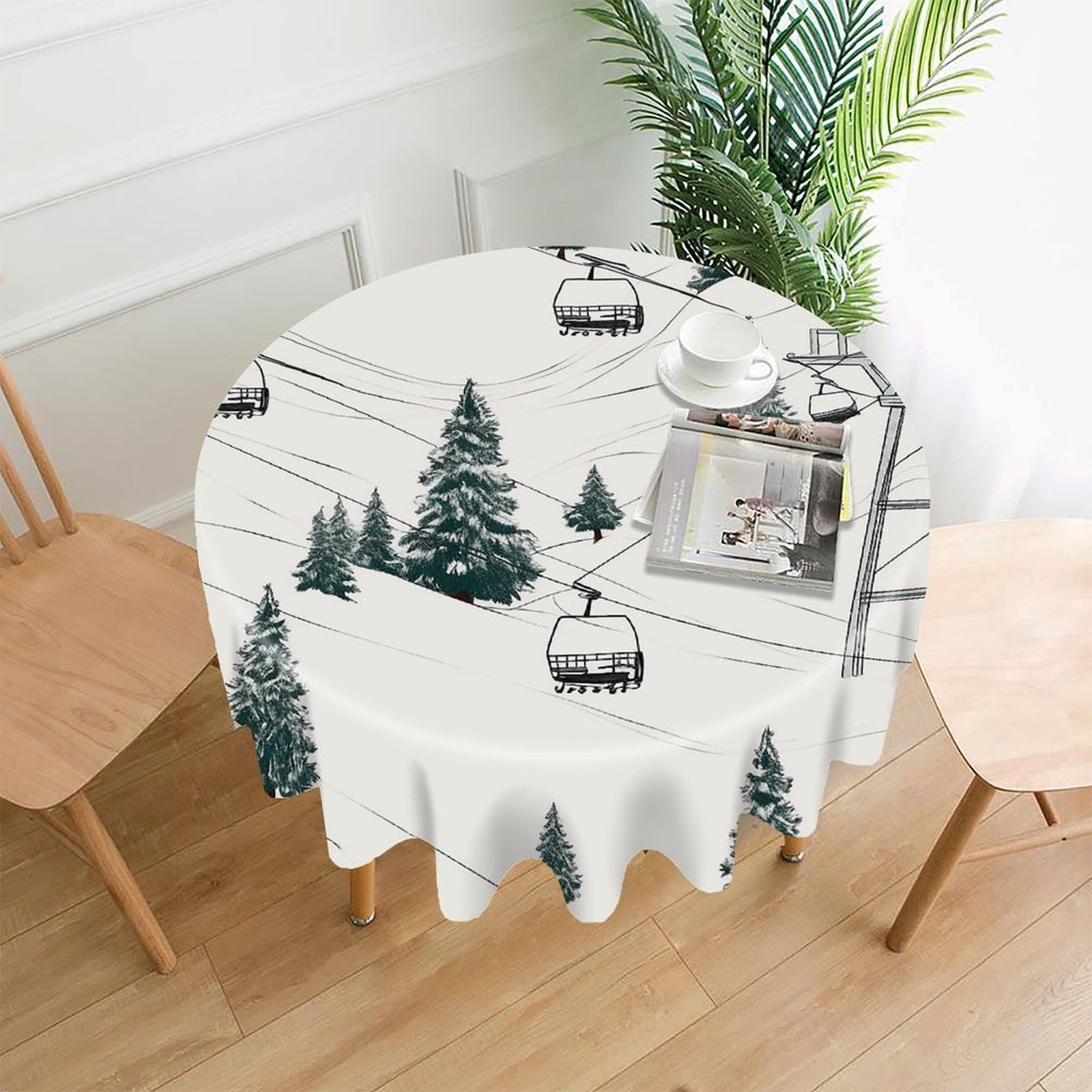 LZQPOEAS Ski Lift with Fir Tree Tablecloth Decorative Round Table Cloth Wrinkle Resistant Round Tablecloth Washable Circle Table Cover for Kitchen Dining Party Wedding Camping 60 Inch