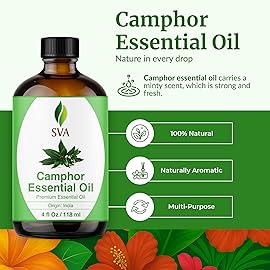 SVA Camphor Essential Oil - 4 Fl Oz - 100% Natural Camphor Oil - for Diffuser, Hair Care, Face, Skin Care, Aromatherapy, Scalp and Body Massage, Soap and Candle Making - with Dropper