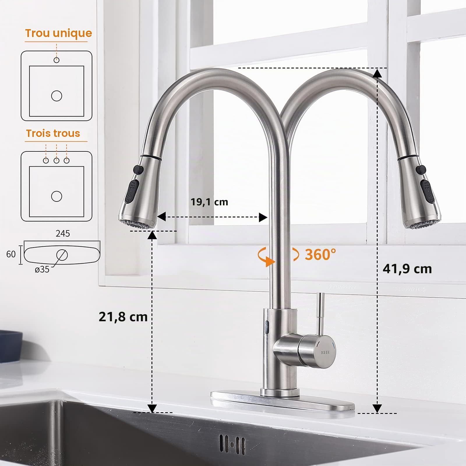 Robinet de cuisine sans contact avec pulvérisateur extractible, robinet de cuisine à détecteur de mouvement avec distributeur de savon de cuisine, robinet de cuisine unique, robinet extractible à arc