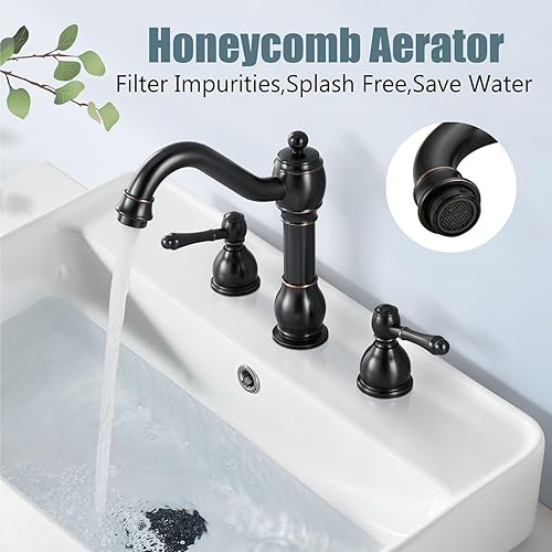 Miniatura 2 de Aolemi Grifo de fregadero de baño de bronce aceitado de 8 pulgadas, mango de doble palanca, 3 agujeros, mezclador de lavabo, montaje en cubierta con