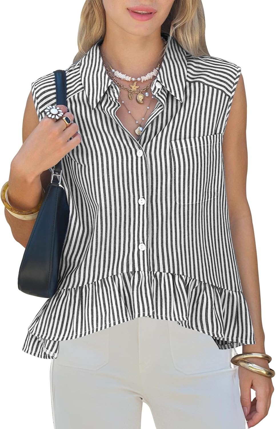 EXLURA Women Summer Tops 100% Cotton Faux Linen Sleeveless Button Shirts Cropped Peplum Tops Casual Striped Babydoll Blouses